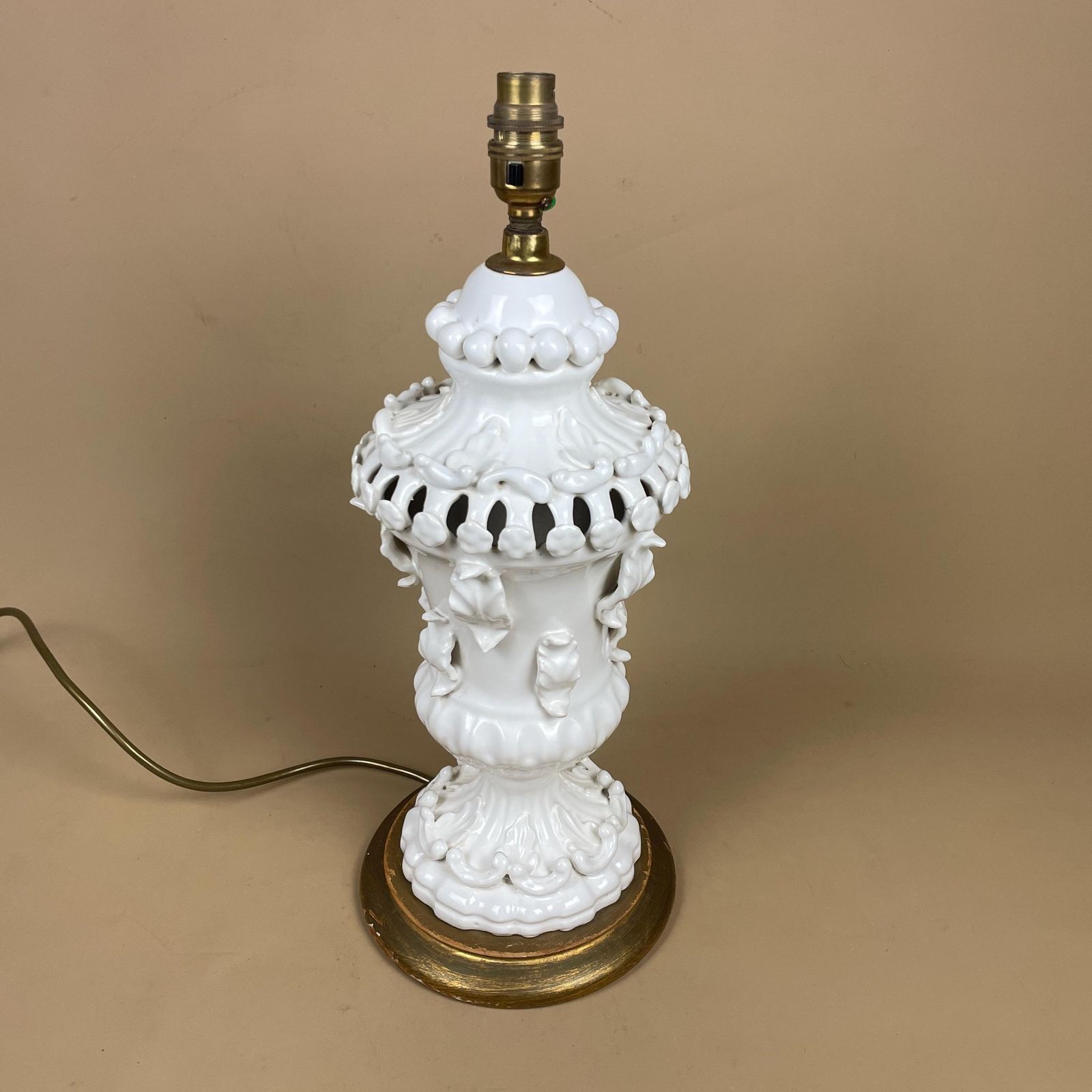 Vintage Spanish Manises 1960's White Ceramic Lamp Light Antique Gold Wooden Base Bedside Table Spain Handmade Crafted Elegant Statement 60's photo vinterior