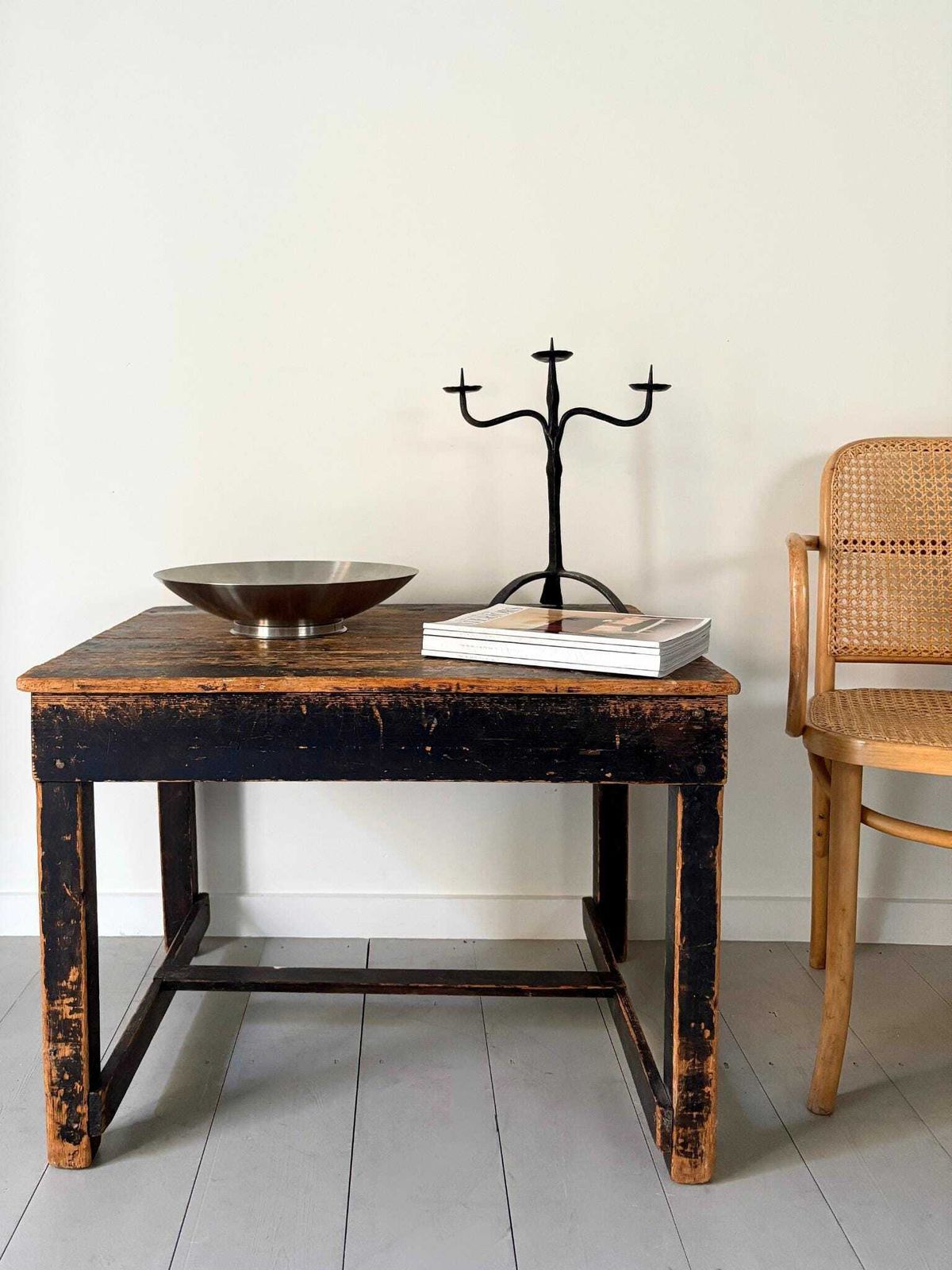 Wrought Iron Mid Century Candelabra, Rustic French Vintage Piece photo for sale