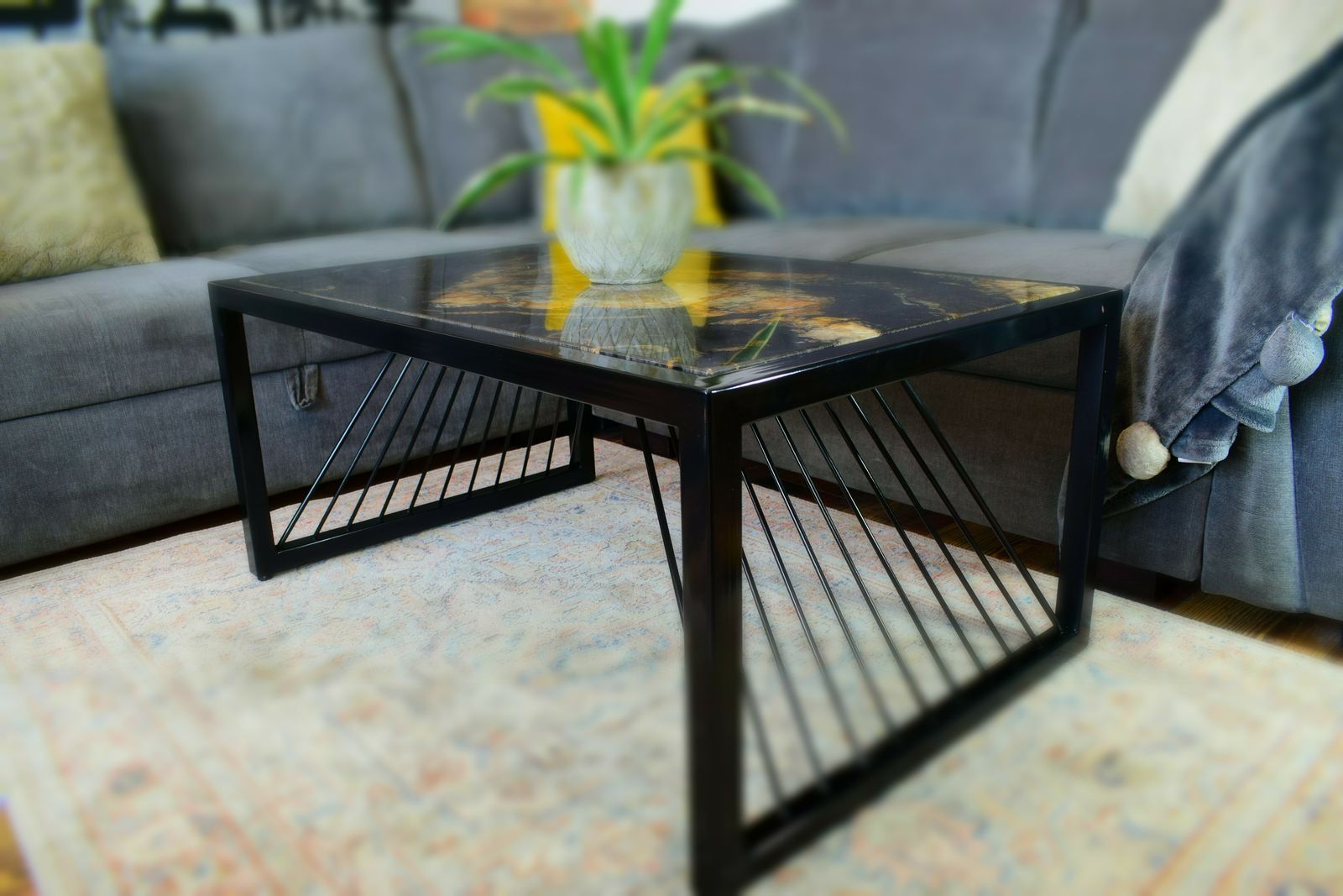 photo furniture Black Fusion Coffee Table , Industrial Real Stone Top Black Metal Frame Modern Handmade Furniture
