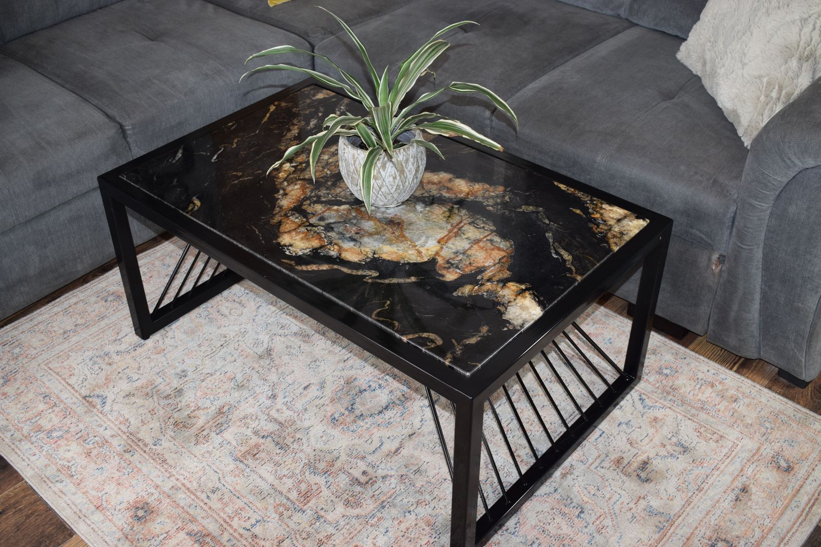 700.0 Black Fusion Coffee Table , Industrial Real Stone Top Black Metal Frame Modern Handmade Furniture photo