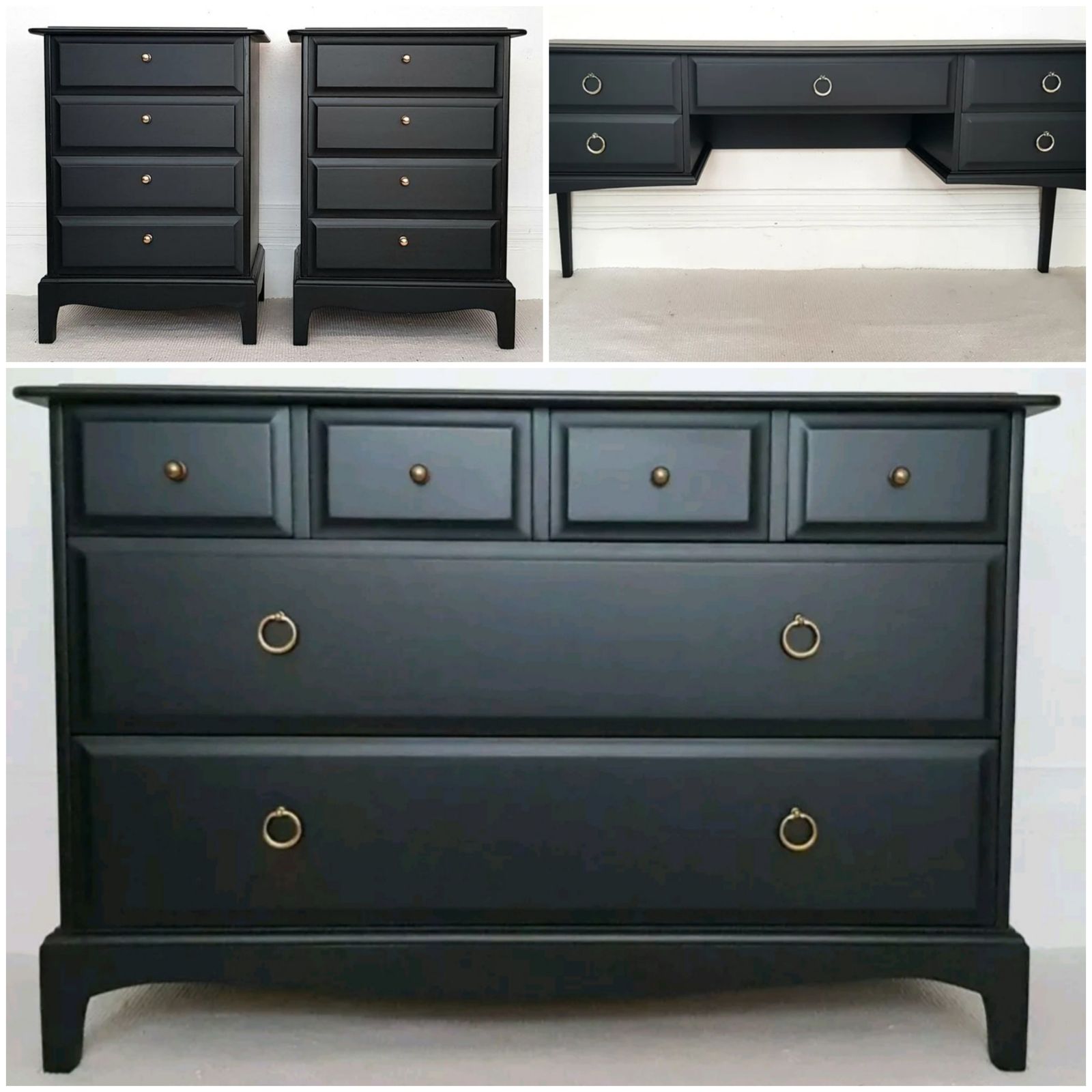 Stag Minstrel Painted Bedroom Set, Black Bedside Cabinets, Dressing Table &  2 Chest Of Drawers.