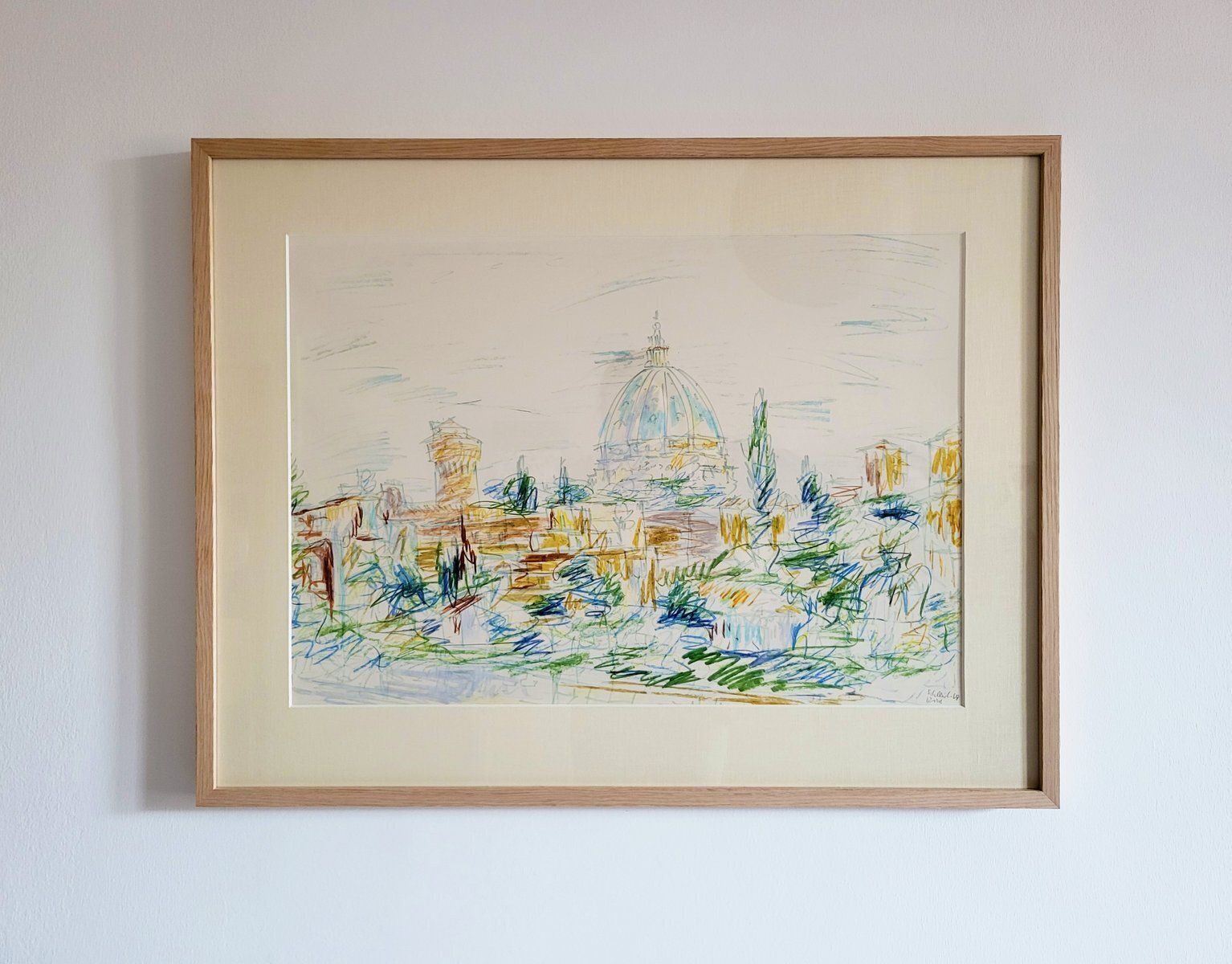 Colourful Mid  Century Drawing Of Florence, Framed