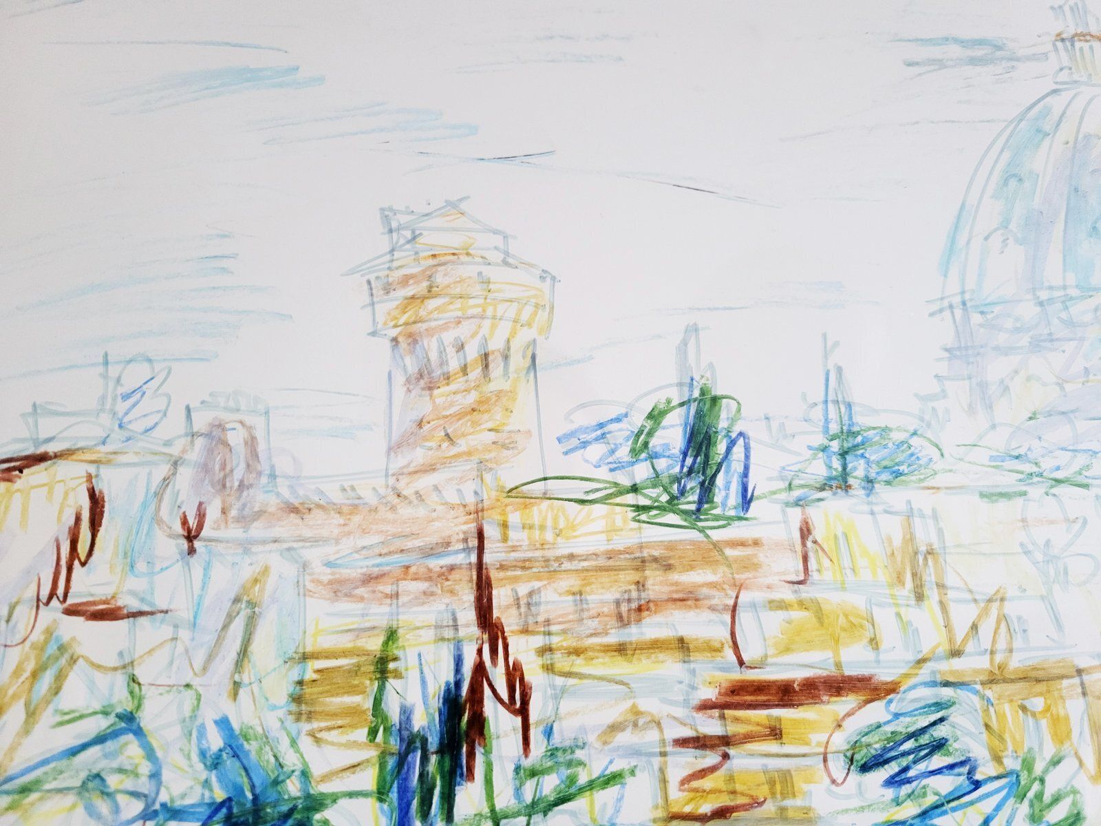 Colourful Mid  Century Drawing Of Florence, Framed photo for sale