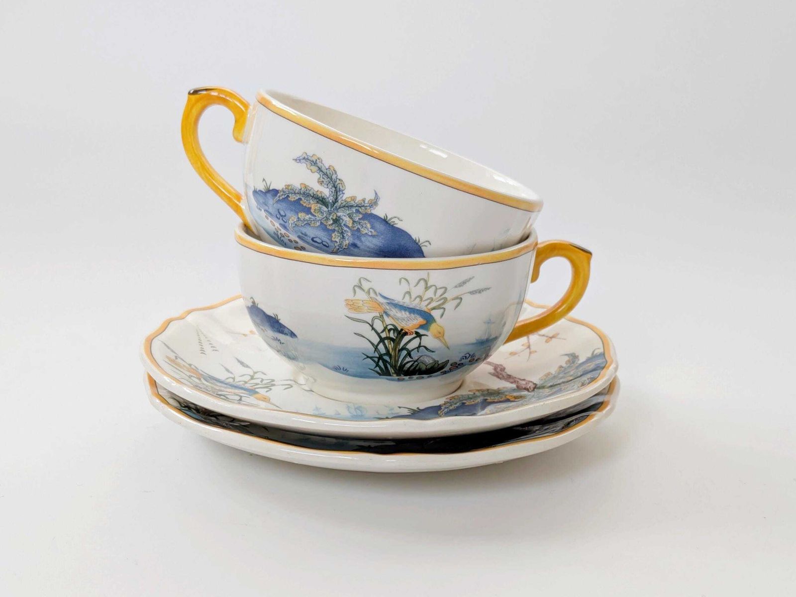 Set Of 2 Gien Magellan “Caraïbes” Tea Cup & Saucer: Collectible Vintage French Faience photo furniture