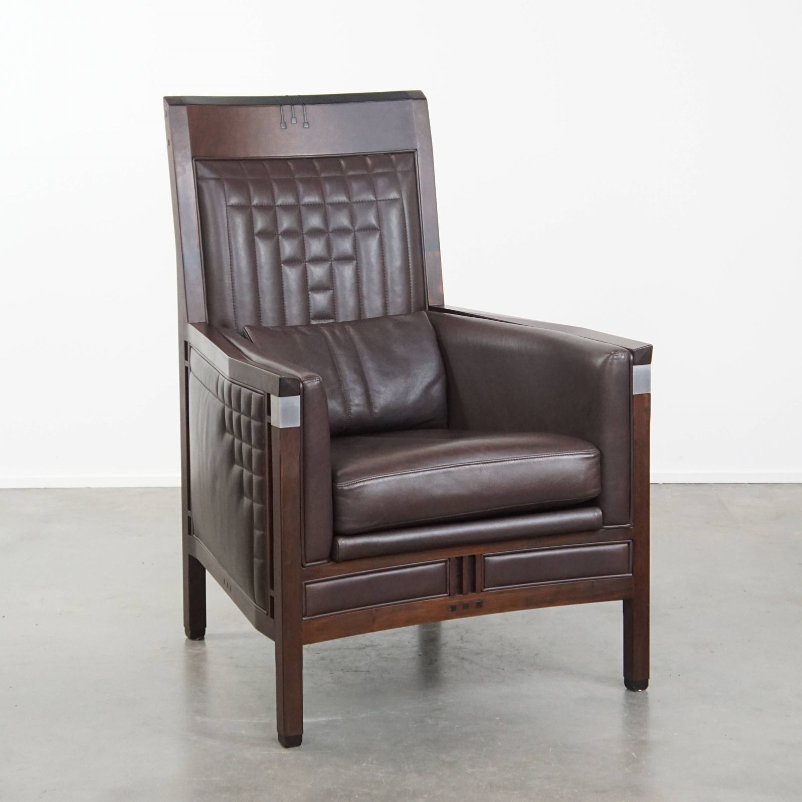 Luxurious Art Deco Design Armchair With Dark Brown Leather With Decorative Stitching