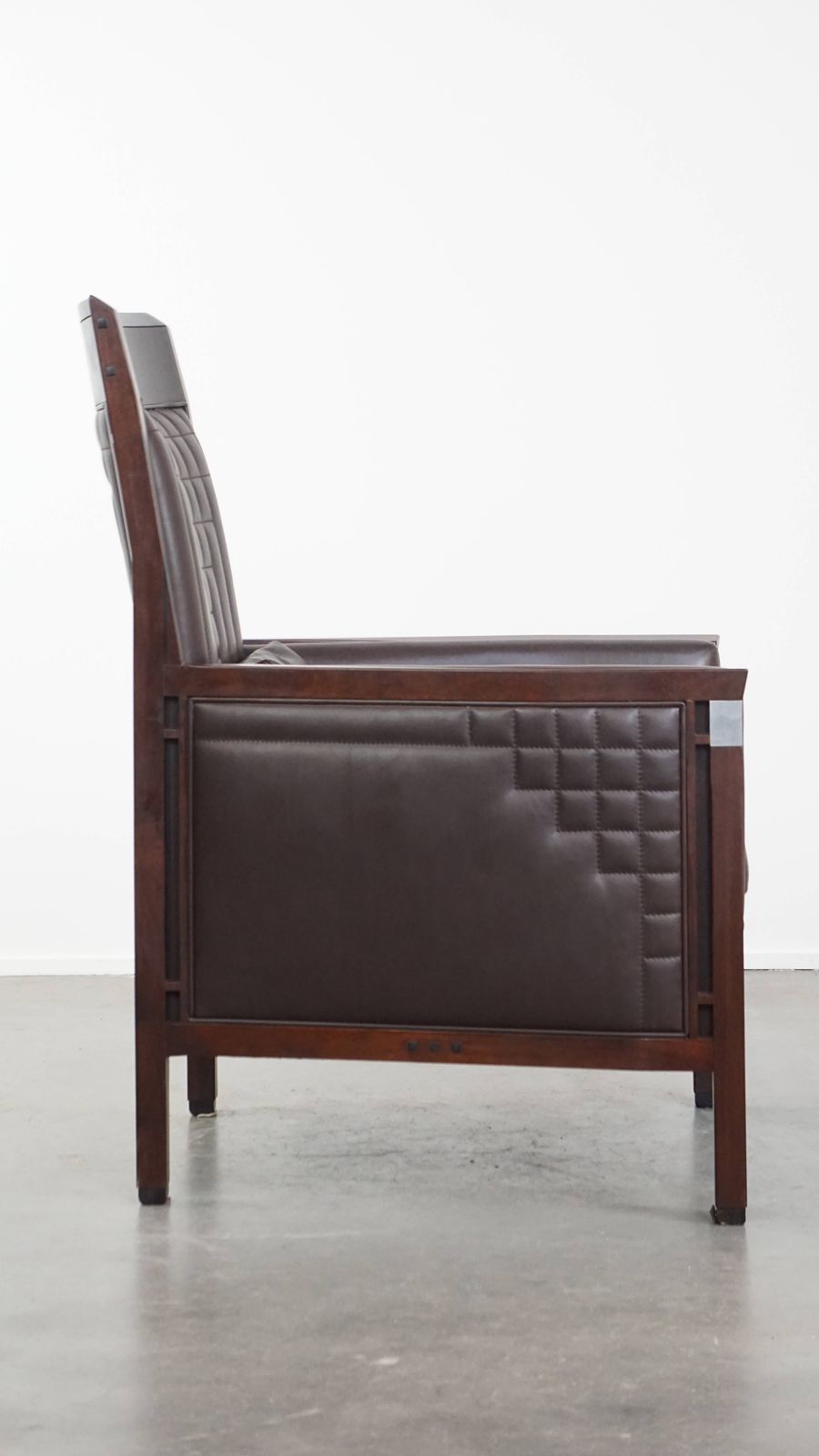 Luxurious Art Deco Design Armchair With Dark Brown Leather With Decorative Stitching photo for sale