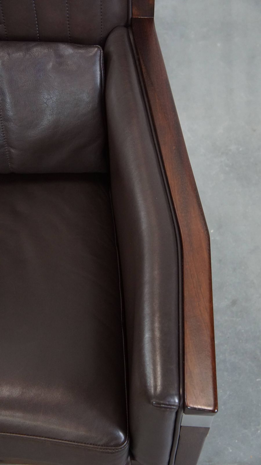 Luxurious Art Deco Design Armchair With Dark Brown Leather With Decorative Stitching photo vintage