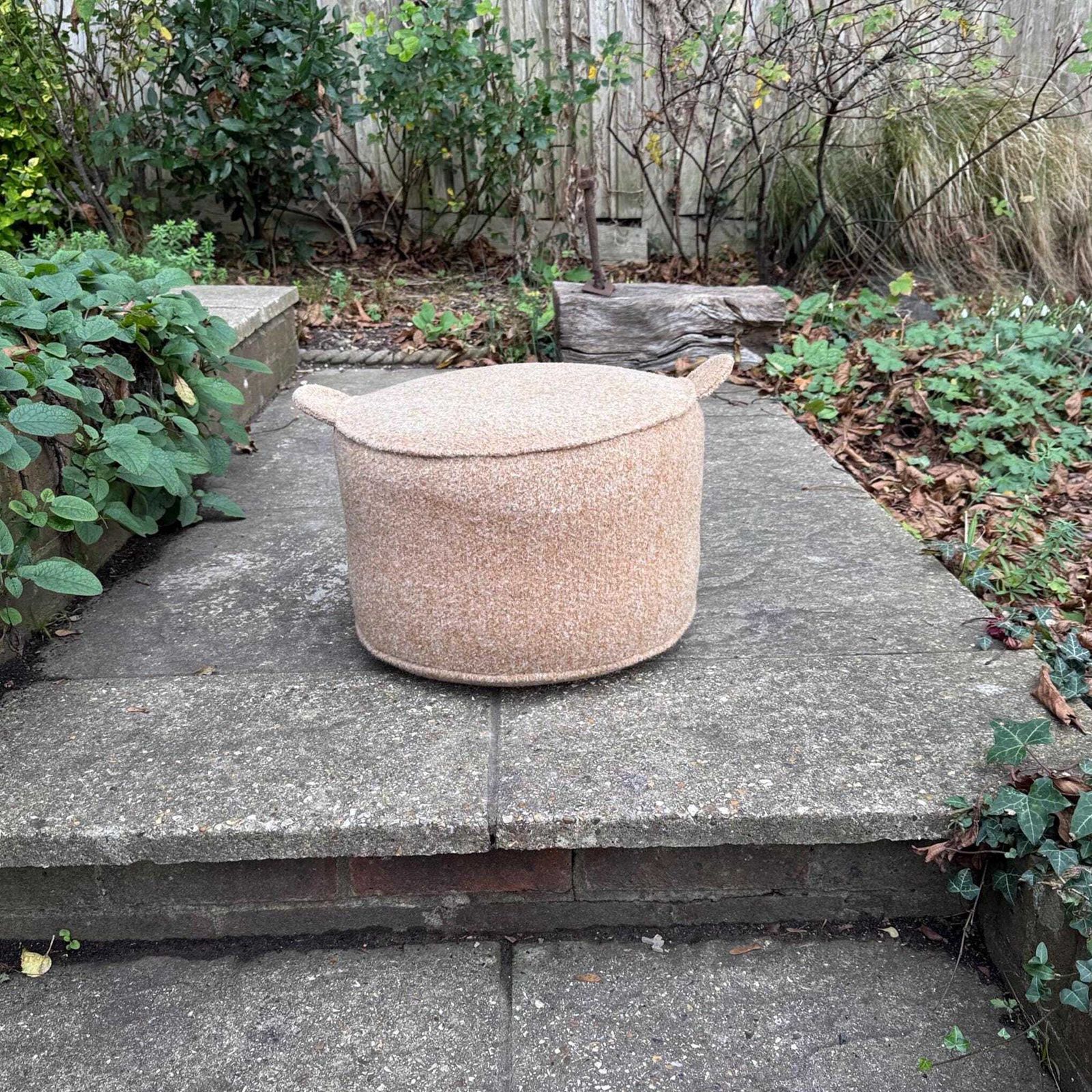 Vintage Retro Wool Covered Pouf Footstool In Soft Camel Tan With Ear Like Handles