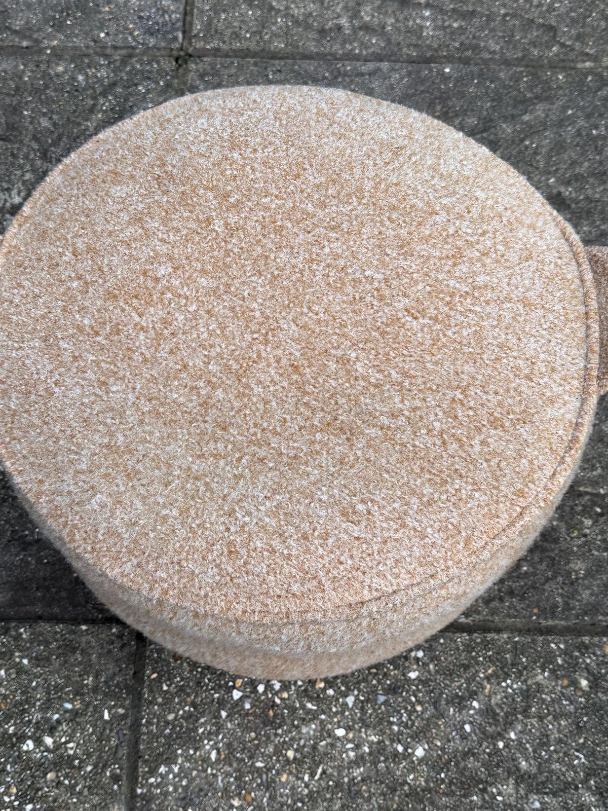 Vintage Retro Wool Covered Pouf Footstool In Soft Camel Tan With Ear Like Handles photo Furniture