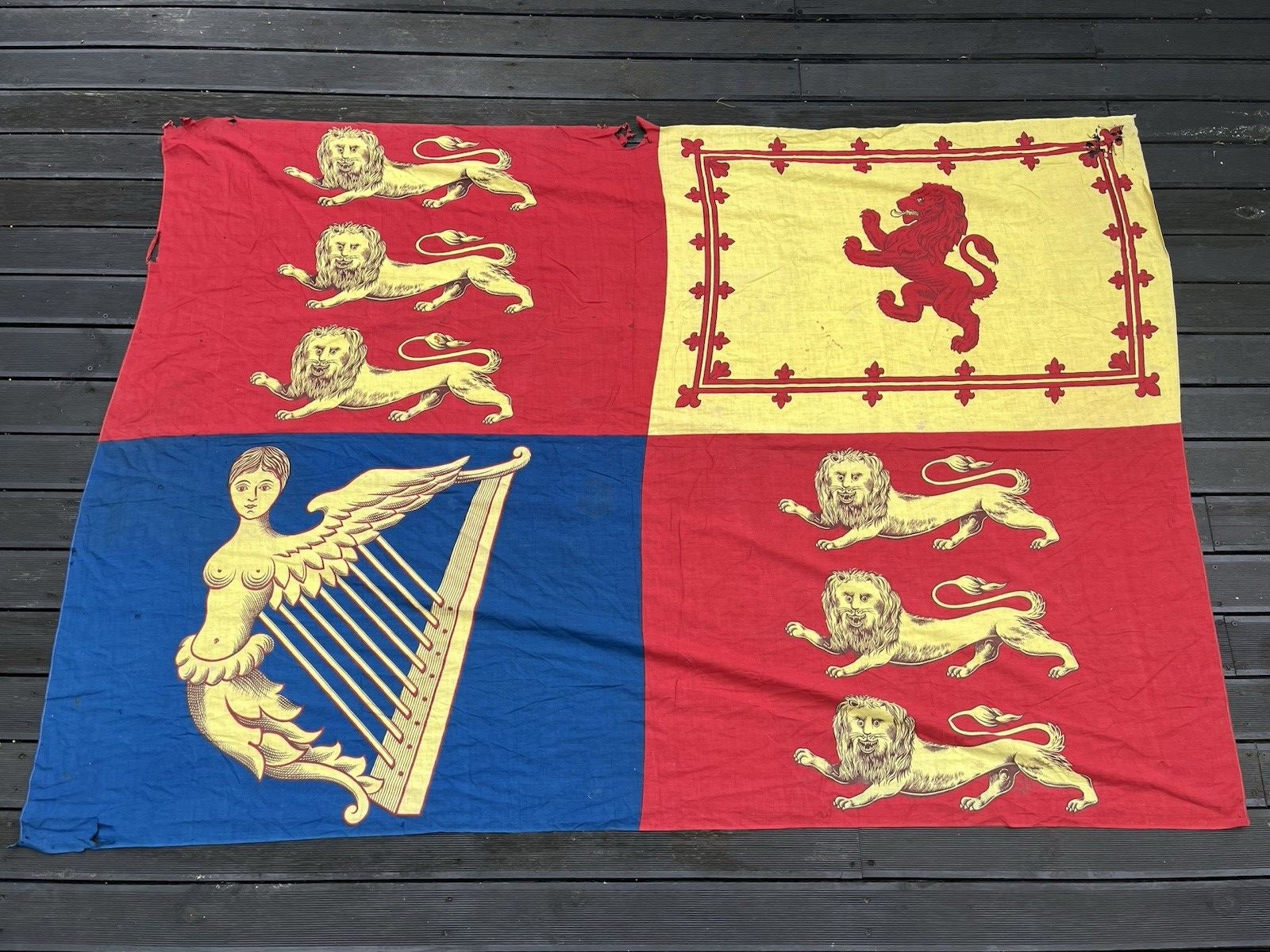 Antique Single Stitch Royal Standard United Kingdom Uk Flag Vintage Wall Hanging