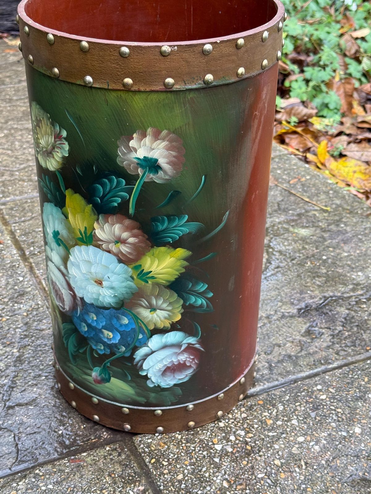 Vintage Hand Painted Wooden Umbrella Stand, Mid Century Folk Art Stick Stand With Brass Stud Detailing photo Home Decor