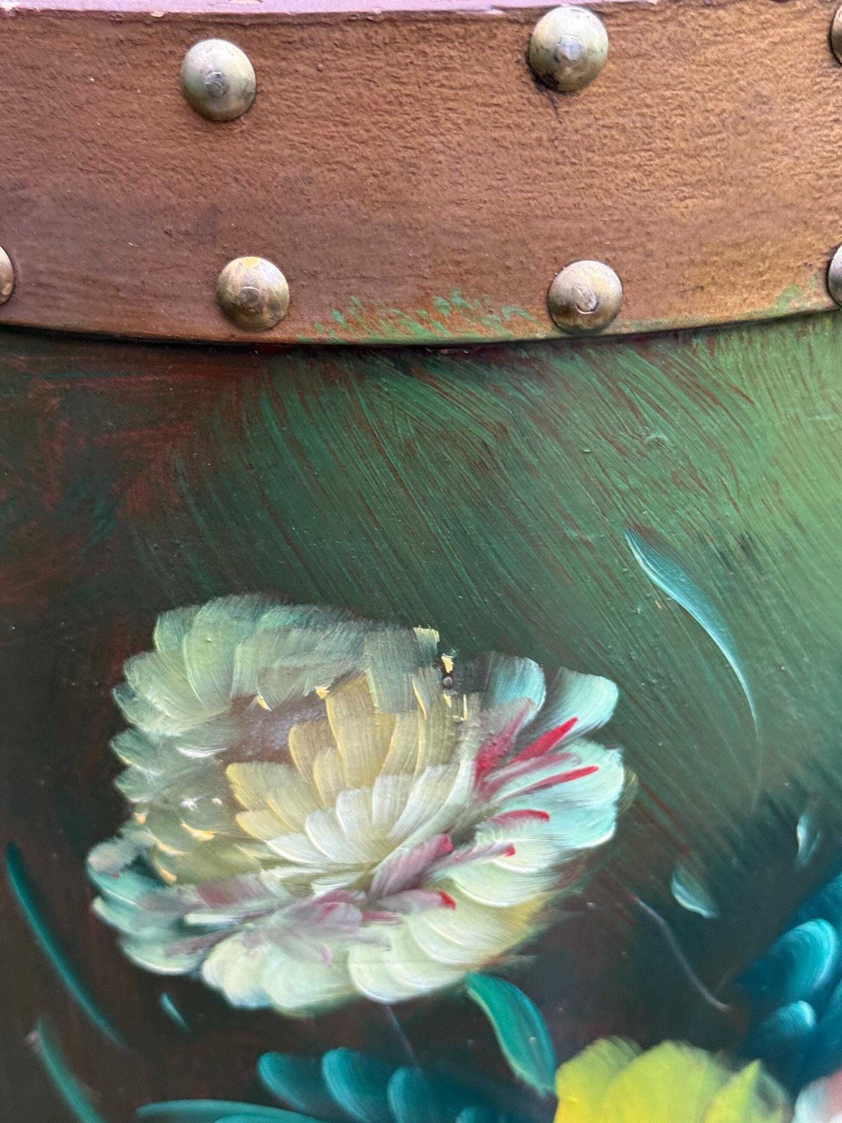 Vintage Hand Painted Wooden Umbrella Stand, Mid Century Folk Art Stick Stand With Brass Stud Detailing photo vintage