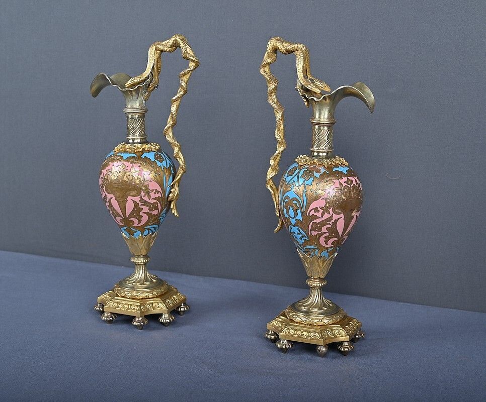 Pair Of Bronze & Cloisonné Enamel Ewers, Napoleon III Period – Mid 19th Century photo Home Decor