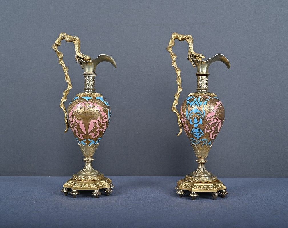 860.0 Pair Of Bronze & Cloisonné Enamel Ewers, Napoleon III Period – Mid 19th Century photo