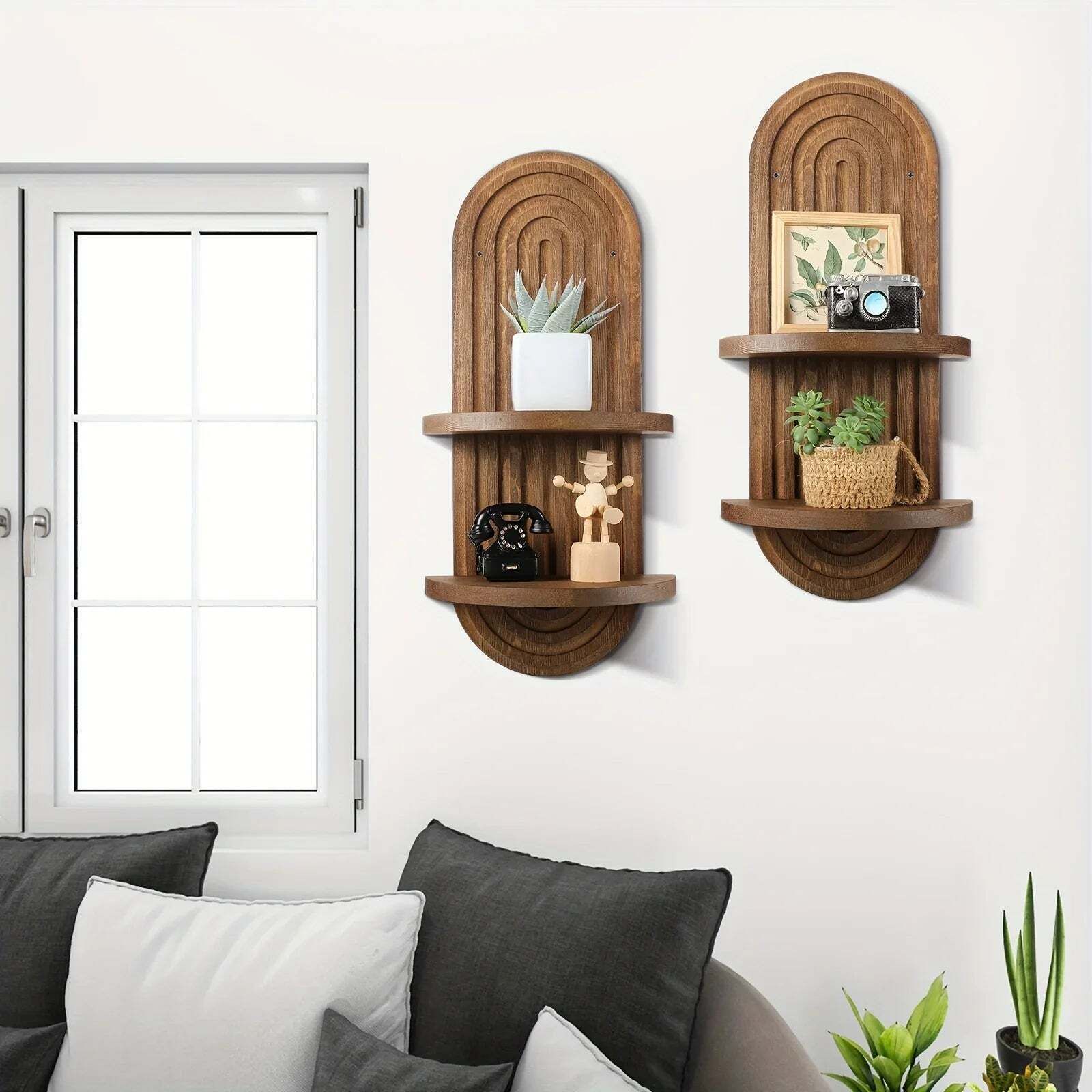 Set Of 2 Rainbow Arch Brownwooden Wall Shelves photo furniture