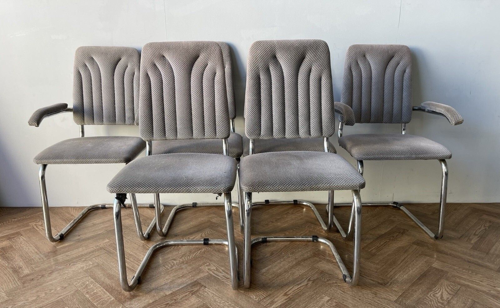 Vintage Smoked Glass And Chrome Dining Table And 6 Cantilever Chairs photo for sale