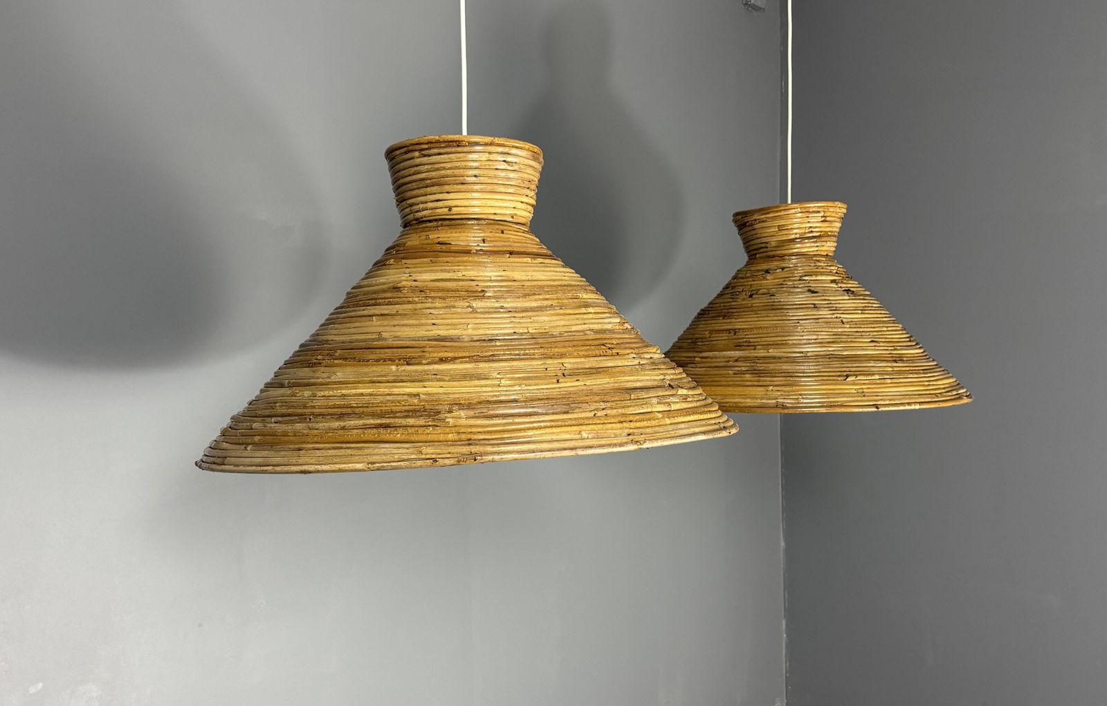Midcentury Pair Pencil Rattan Large ( 62 Cm ) Pendants, Italy 1970s photo furniture