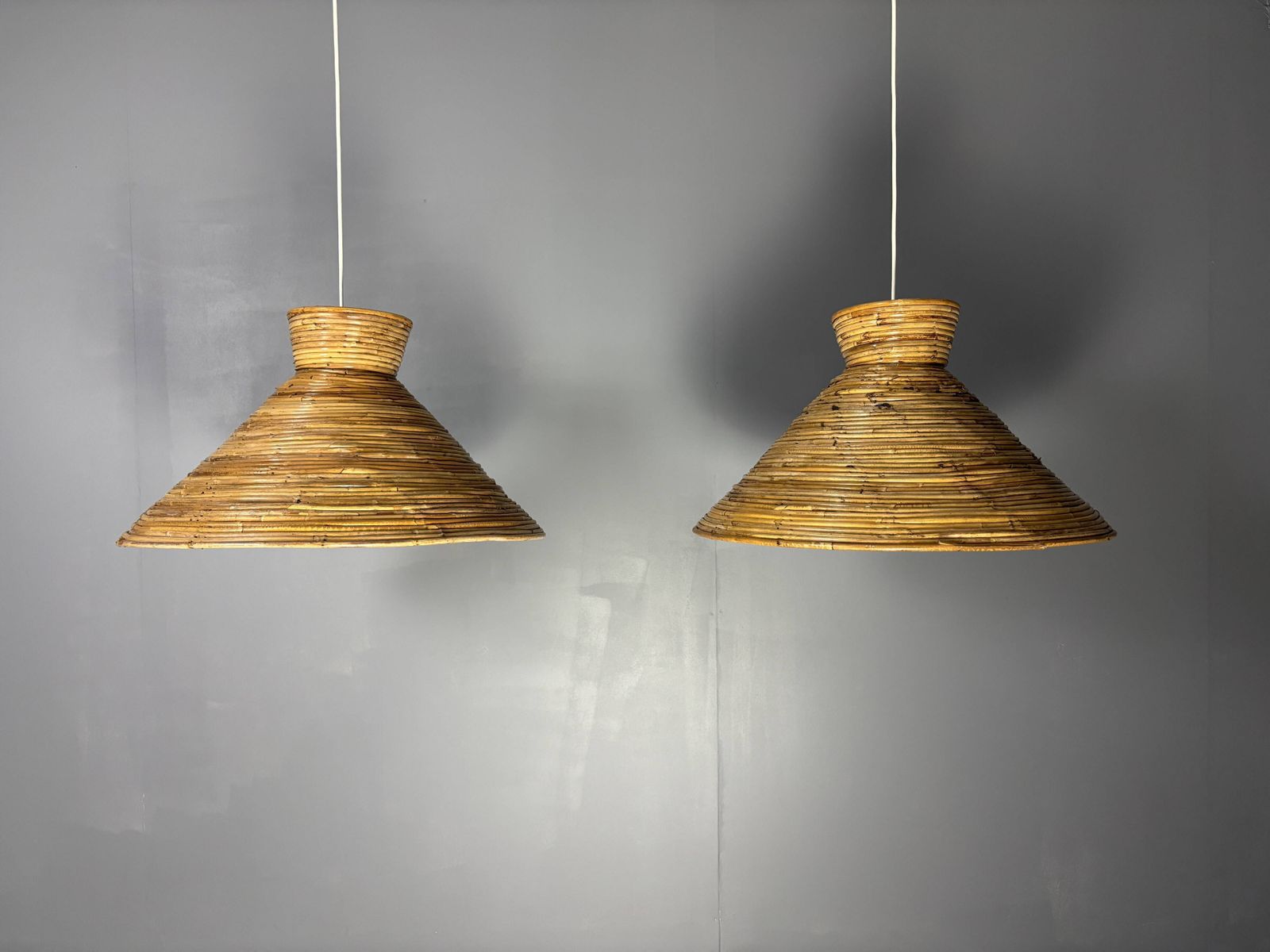 Midcentury Pair Pencil Rattan Large ( 62 Cm ) Pendants, Italy 1970s photo for sale