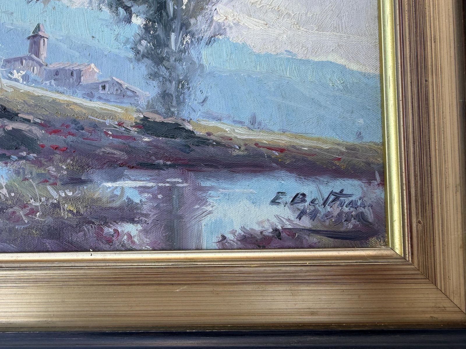 Enric Beltran Messa Landscape With Lake And Bell Tower Oil On Canvas Painting Spanish Landscape C.1980 photo for sale