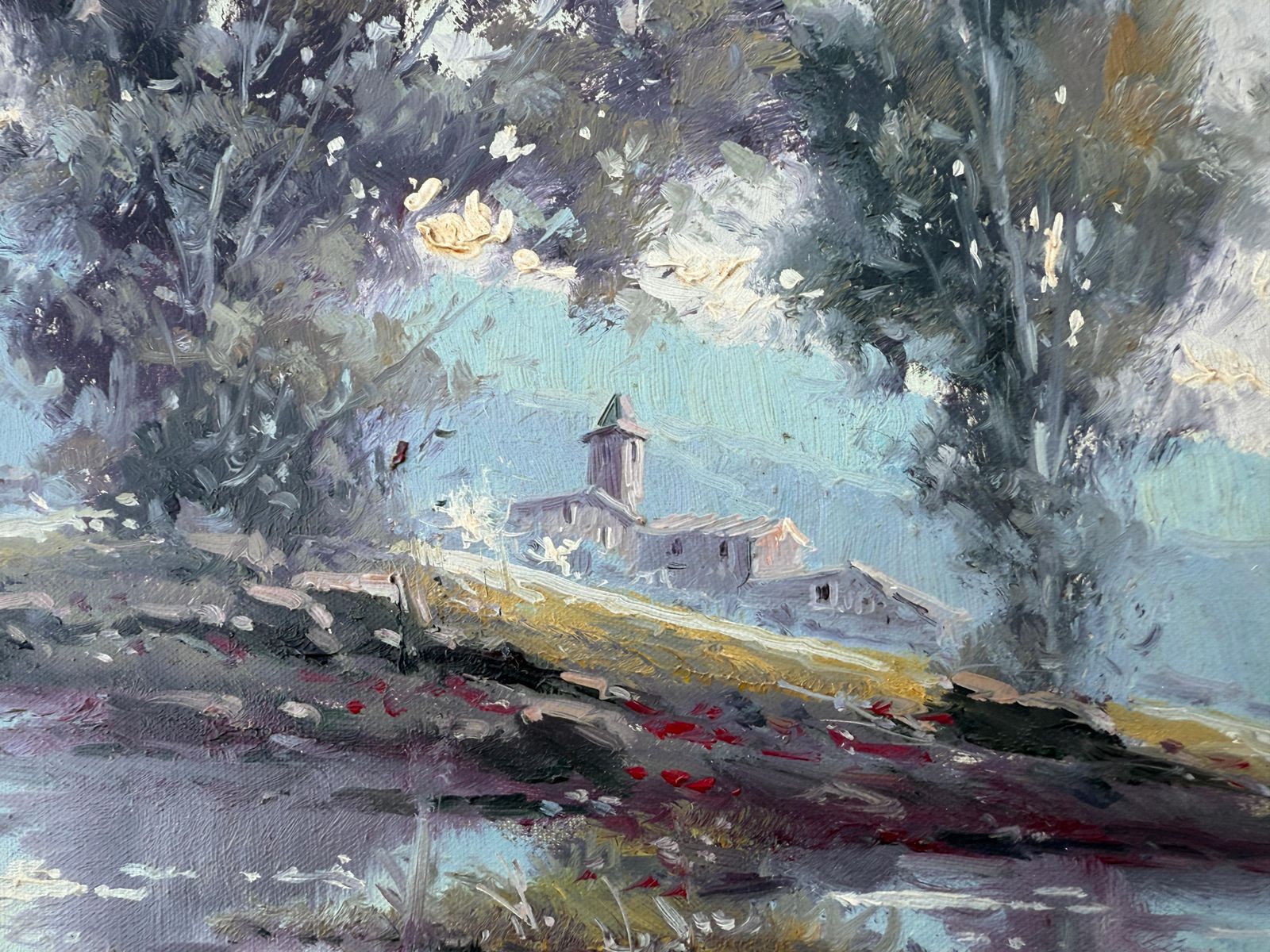 Enric Beltran Messa Landscape With Lake And Bell Tower Oil On Canvas Painting Spanish Landscape C.1980 photo Art