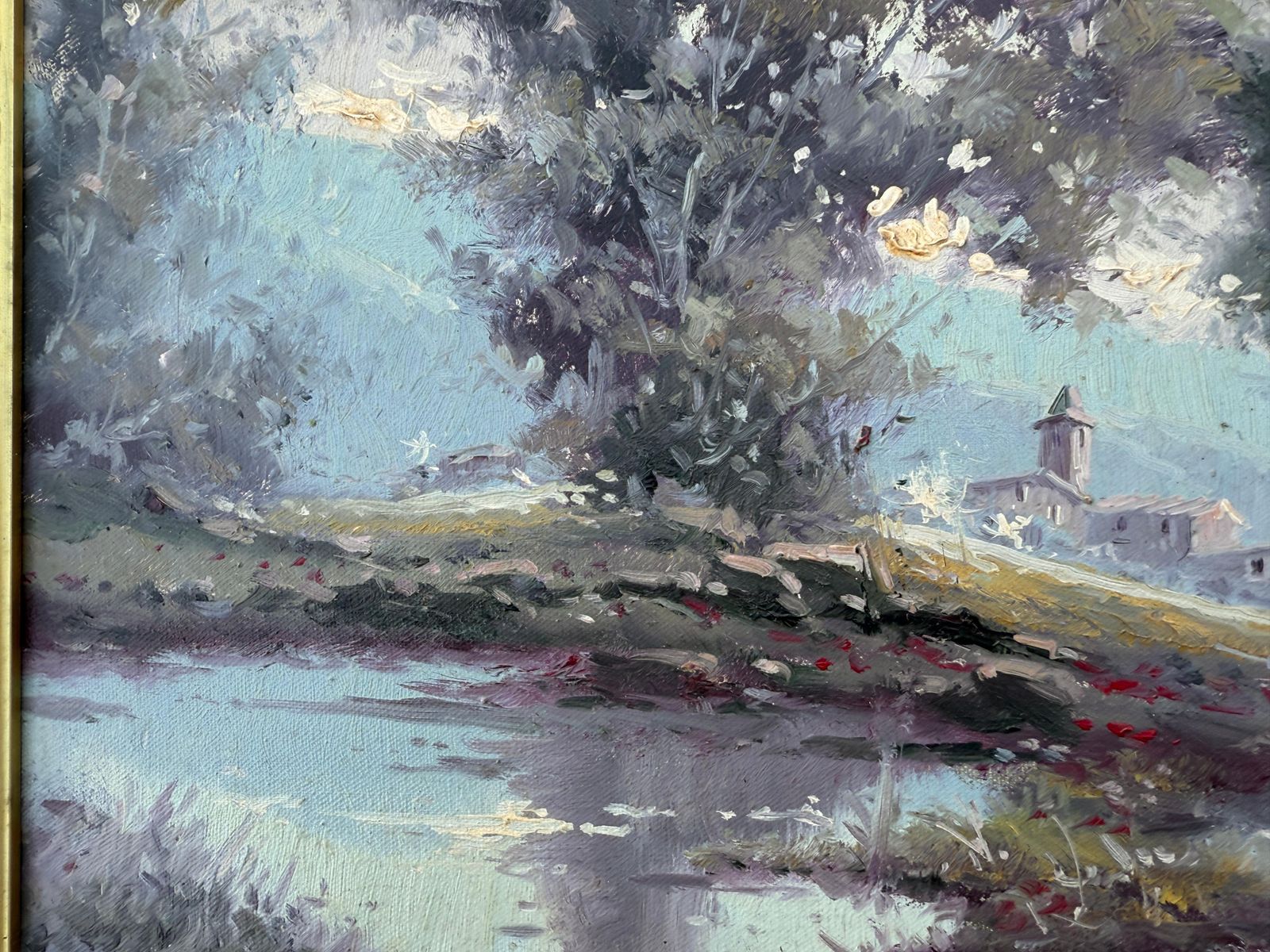 Enric Beltran Messa Landscape With Lake And Bell Tower Oil On Canvas Painting Spanish Landscape C.1980 photo buy