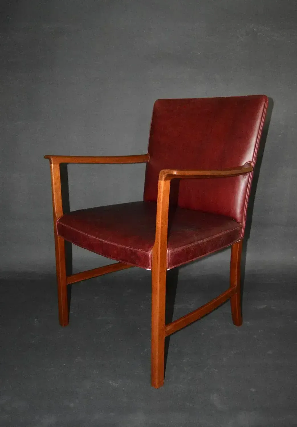 Set Of Armchairs Of Burgundy Red Leather Teak By Ole Wanscher For A.J. Iversen, 1950s photo vintage