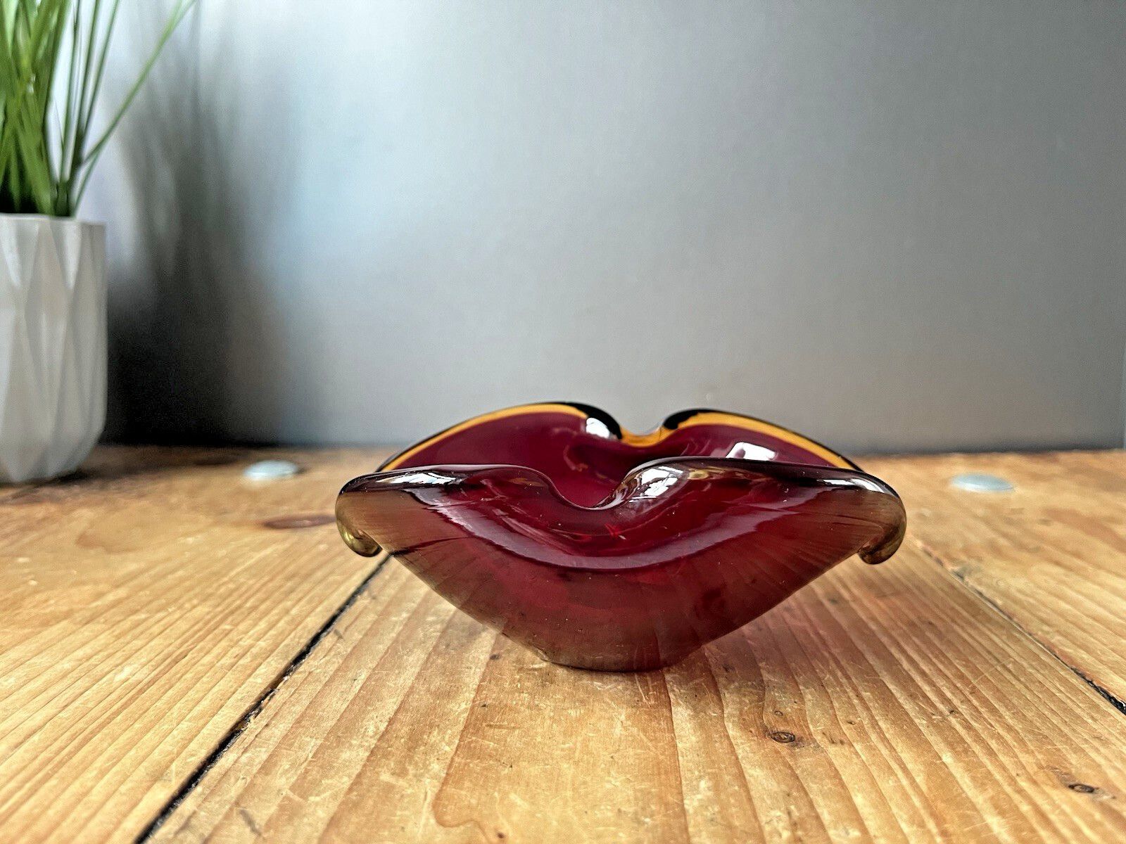 Mid Century Murano Sommerso Red Amber Clear Glass Ashtray Bowl Geode Vintage 60s photo vintage