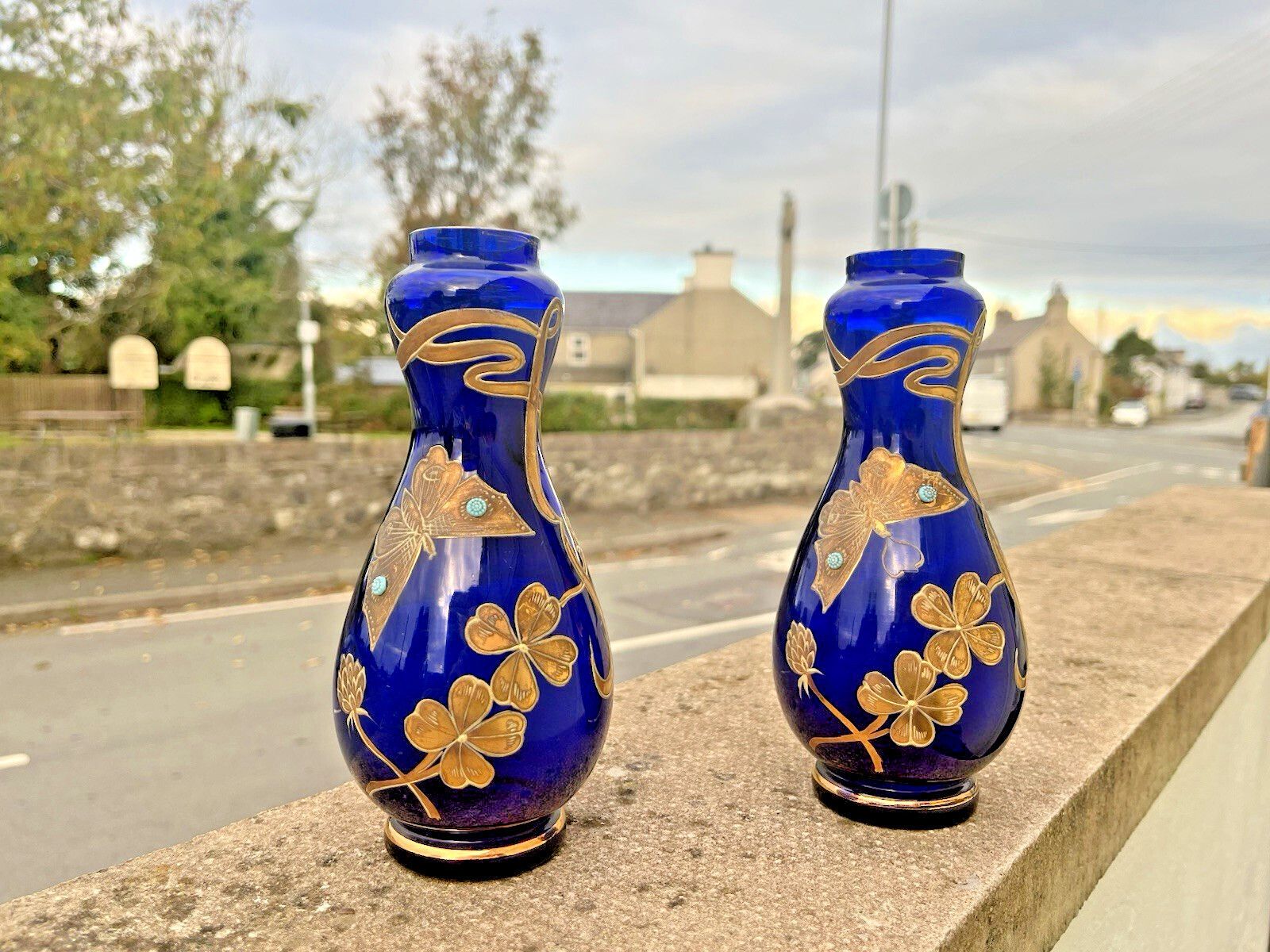 Pair Of Art Nouveau Bohemian Cobalt Gold Overlay Butterfly Vases Carl Goldberg.