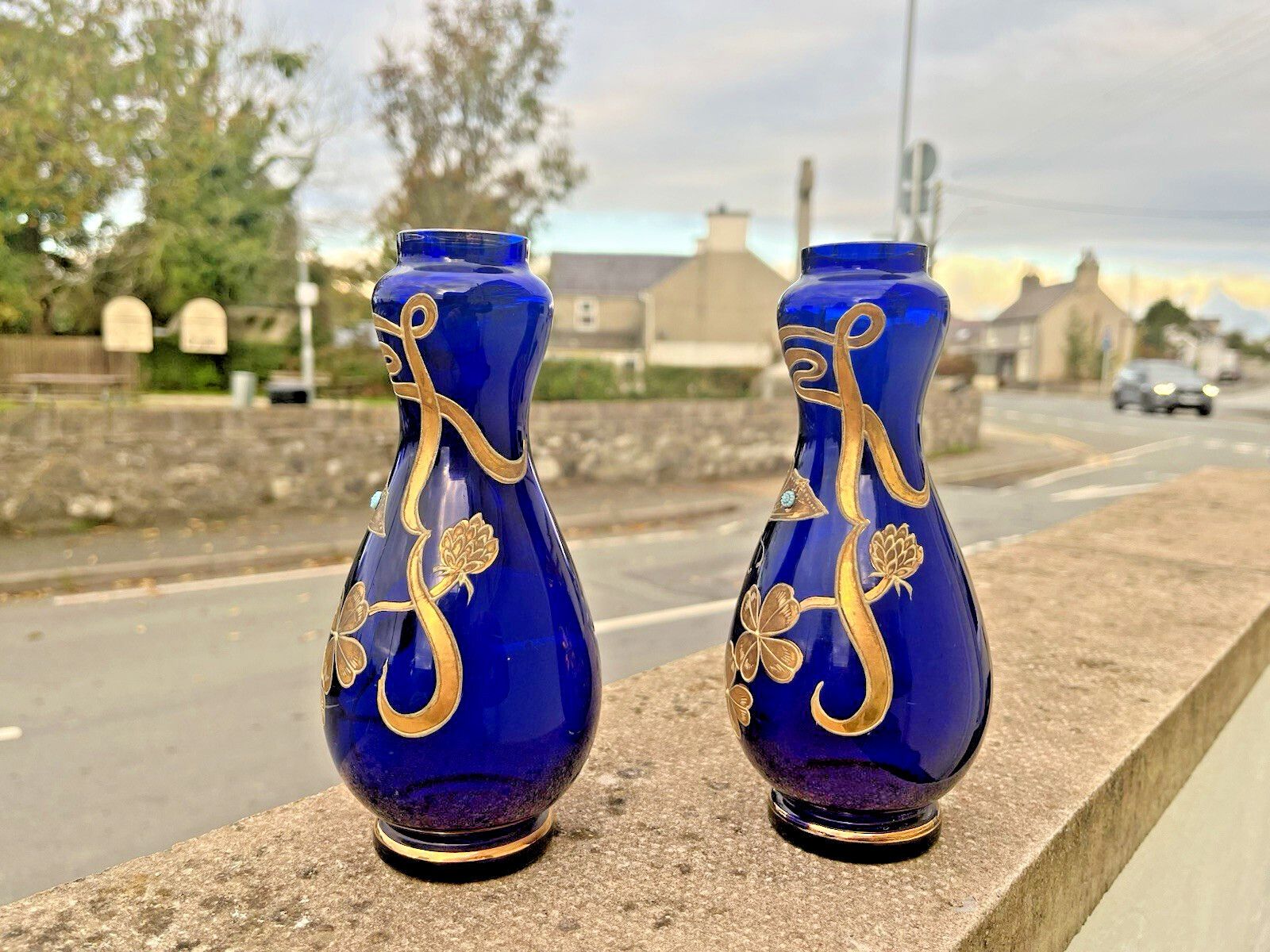 Pair Of Art Nouveau Bohemian Cobalt Gold Overlay Butterfly Vases Carl Goldberg. photo furniture