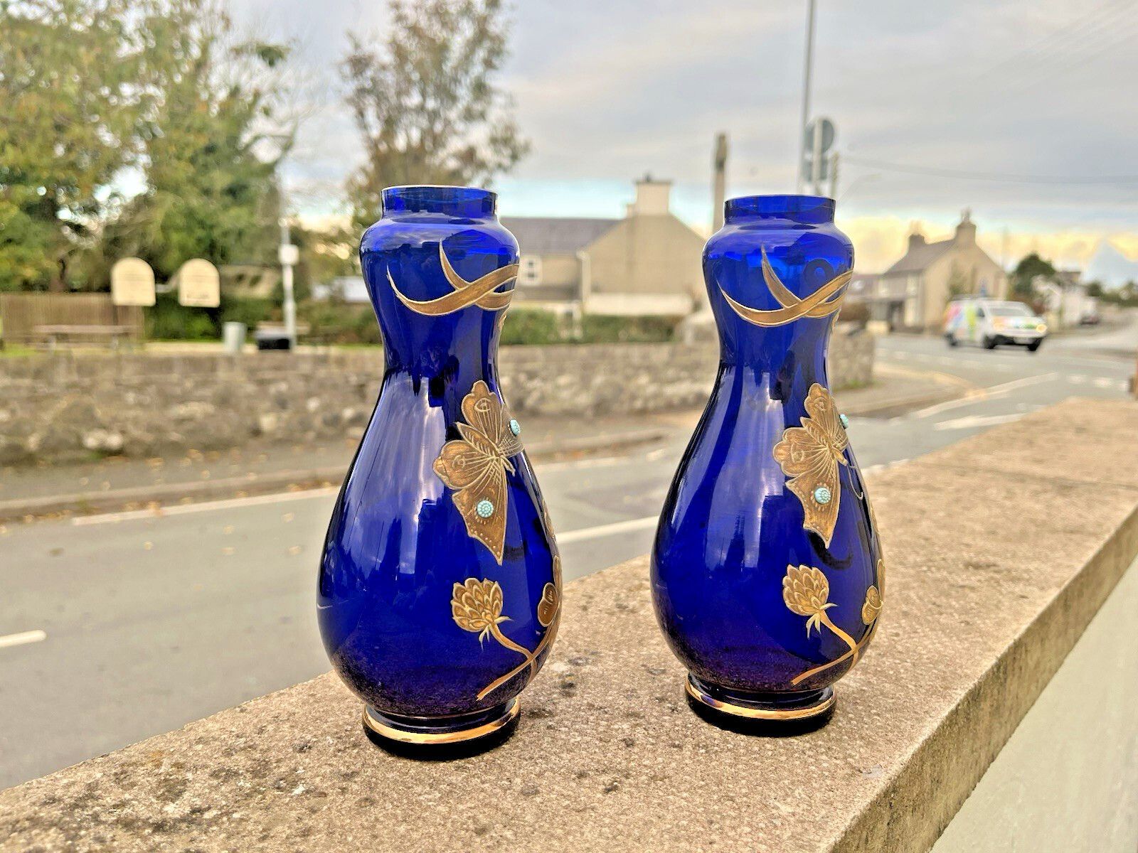 Pair Of Art Nouveau Bohemian Cobalt Gold Overlay Butterfly Vases Carl Goldberg. photo Home Decor