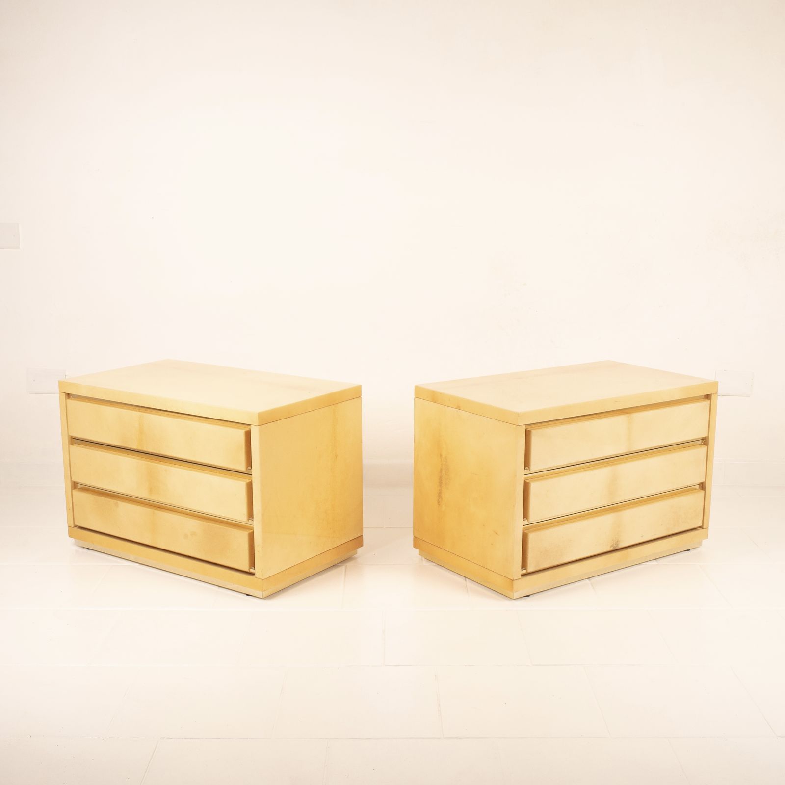 Pair Of Parchment Bedside Tables By Aldo Tura For Tura Milano