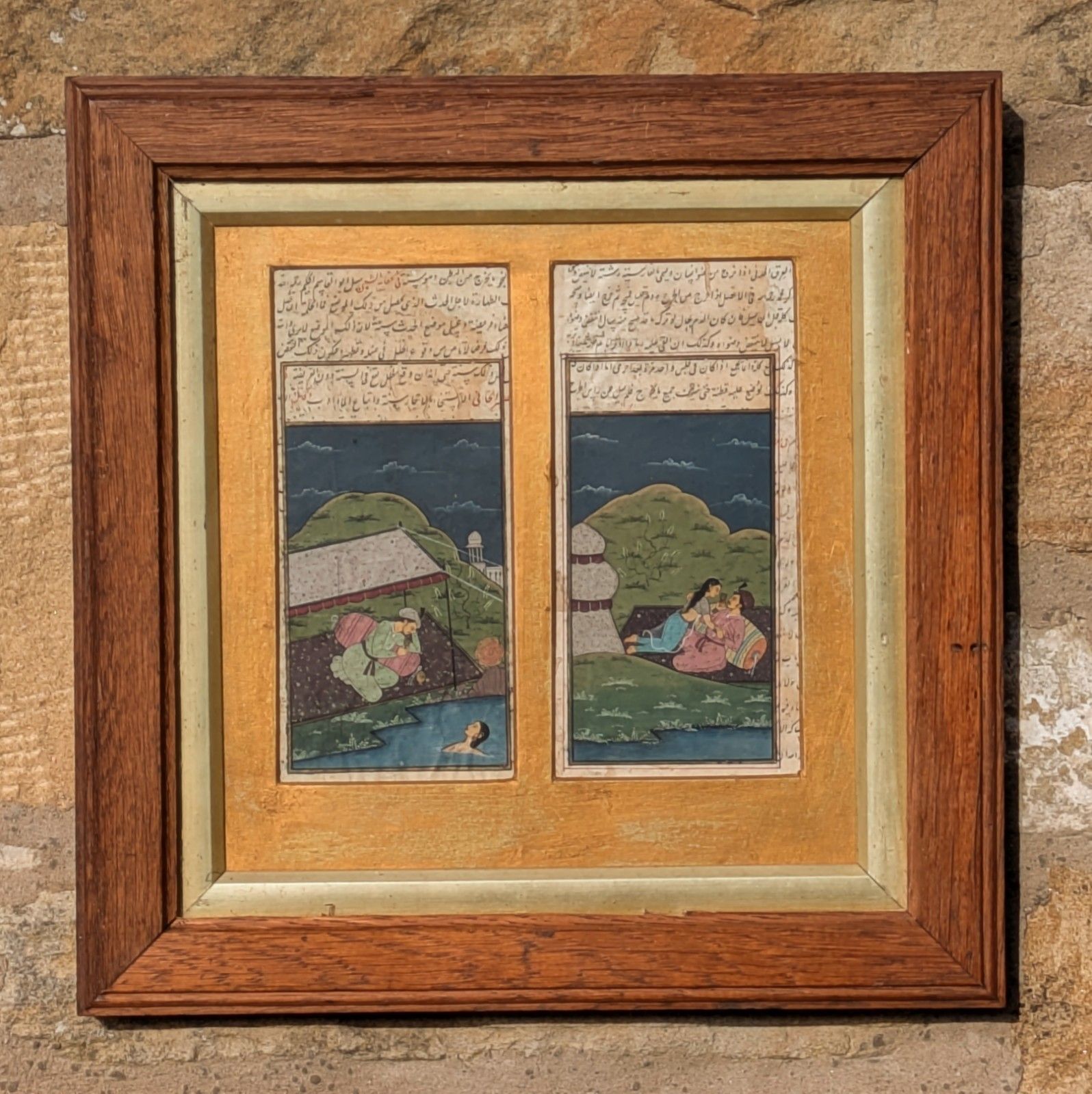 Mughal School Original Gouache Painting Lovers In Landscape