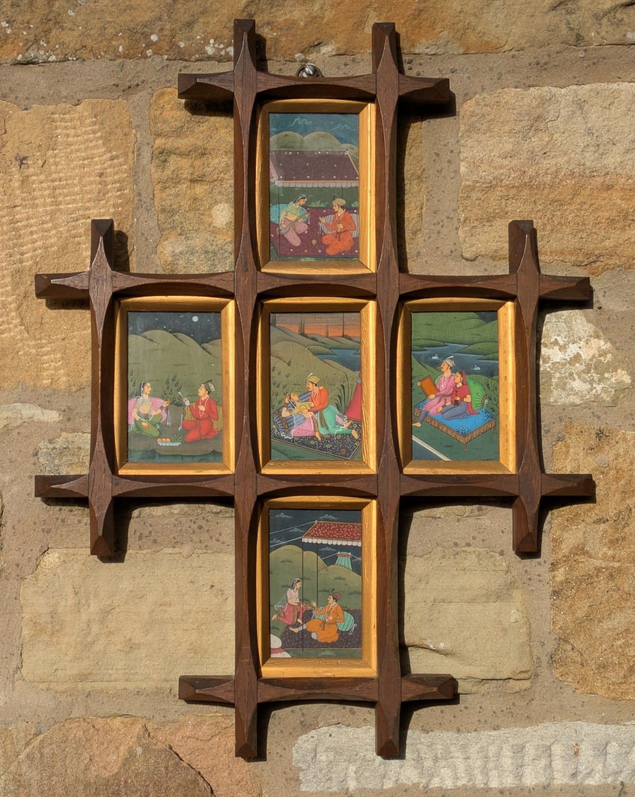 Mughal School Original Gouache Painting Courtly Lovers In Cruciform Frame