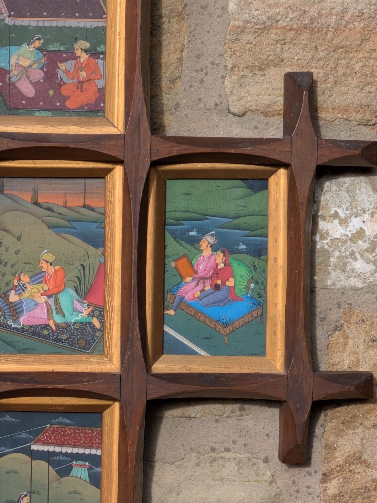Mughal School Original Gouache Painting Courtly Lovers In Cruciform Frame photo buy