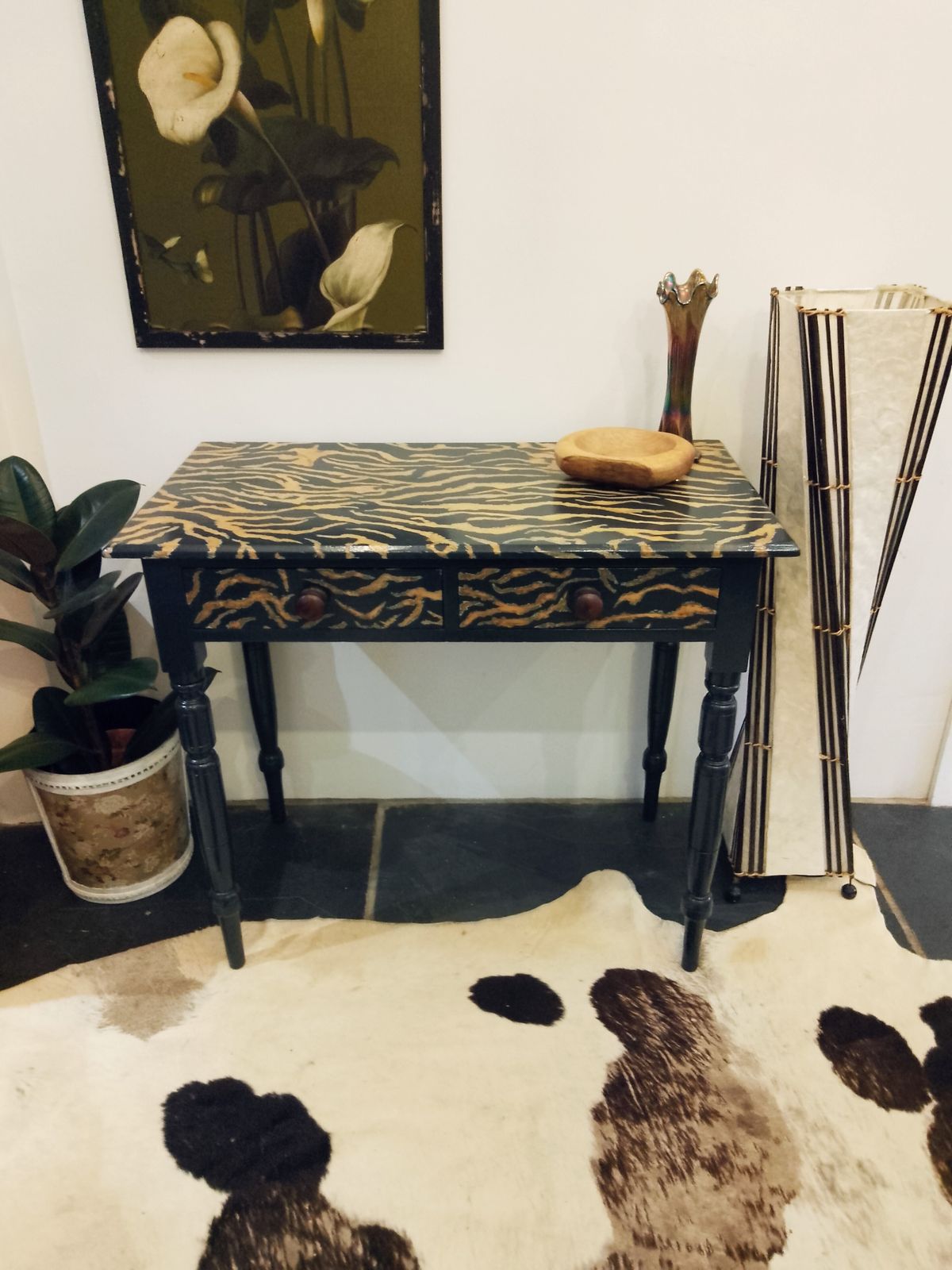Victorian Pitch Pine Console Hand Painted With A Tiger Print Design.