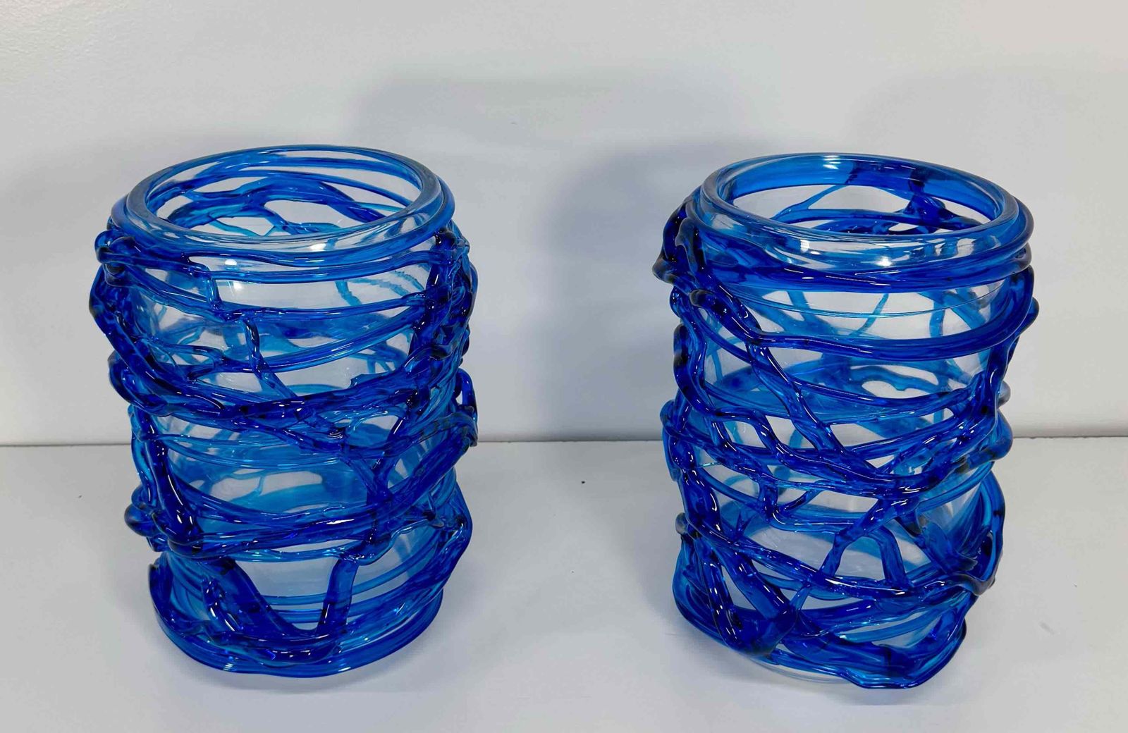 Pair Of Italian Cobalt Blue Murano Glass Vases By Cenedese photo for sale