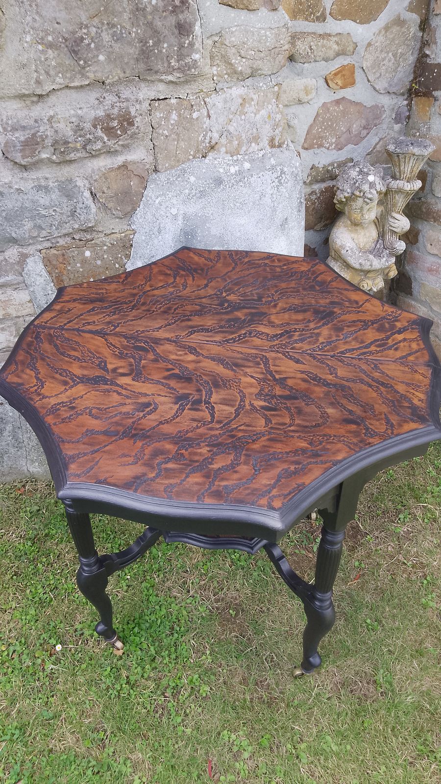 photo vintage Victorian Occasional Table On Original Brass Castors Hand Painted And Etched In A Tiger Print Design.