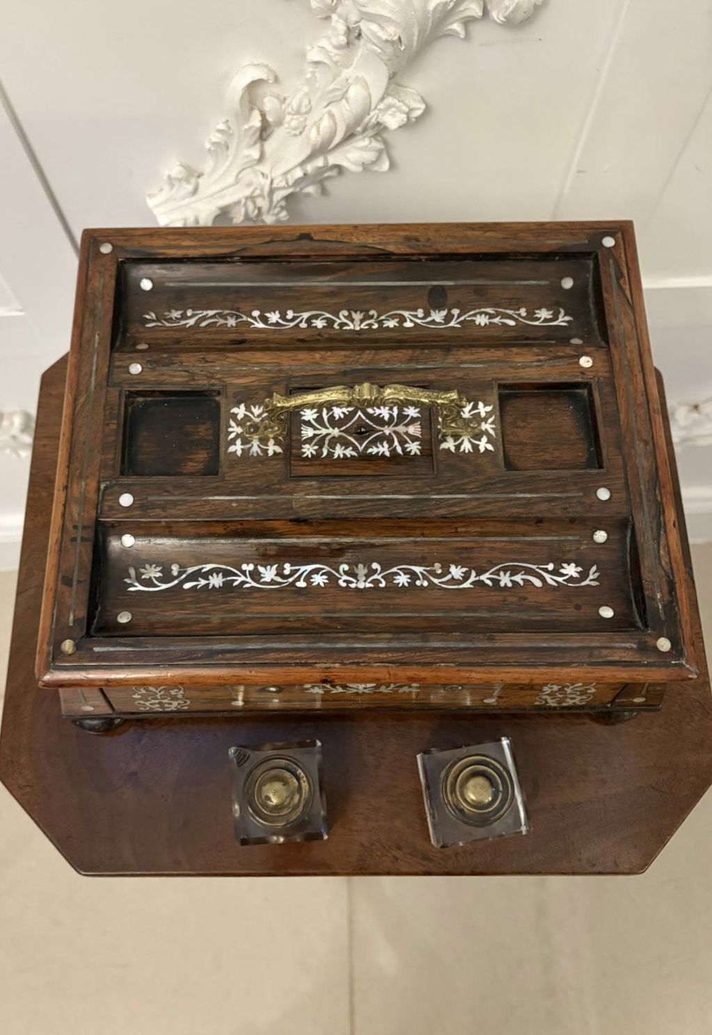 Antique Regency Rosewood Inlaid Writing Desk Set With Inkwells photo furniture