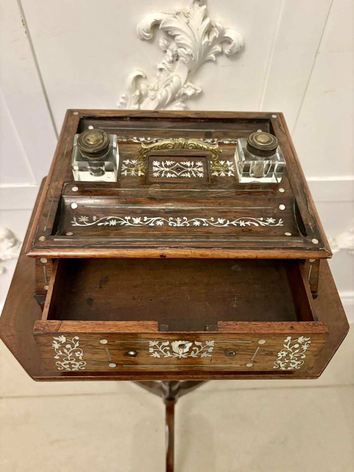 Antique Regency Rosewood Inlaid Writing Desk Set With Inkwells photo buy