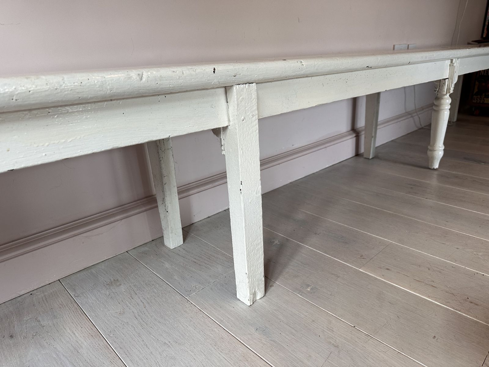 Vintage Extra Long Tack Room Bench In White Wood photo for sale