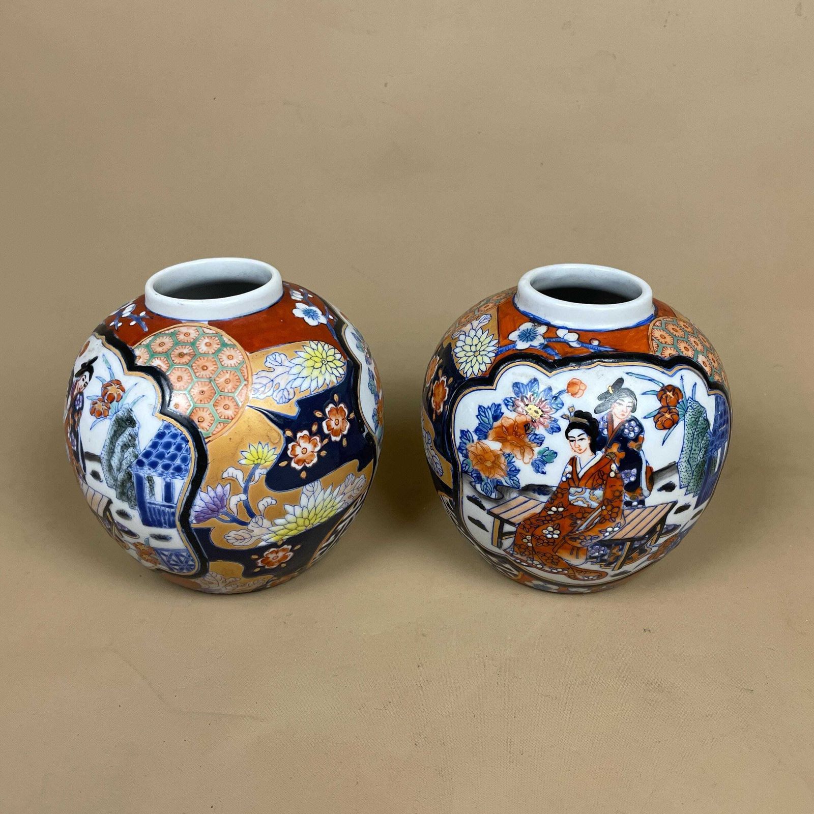 Pair Of Oriental Decorative Vases Ceramic Blue White Round Circle Pots Chinese Vintage Display X2 Ginger Jar Hand Painted Asian