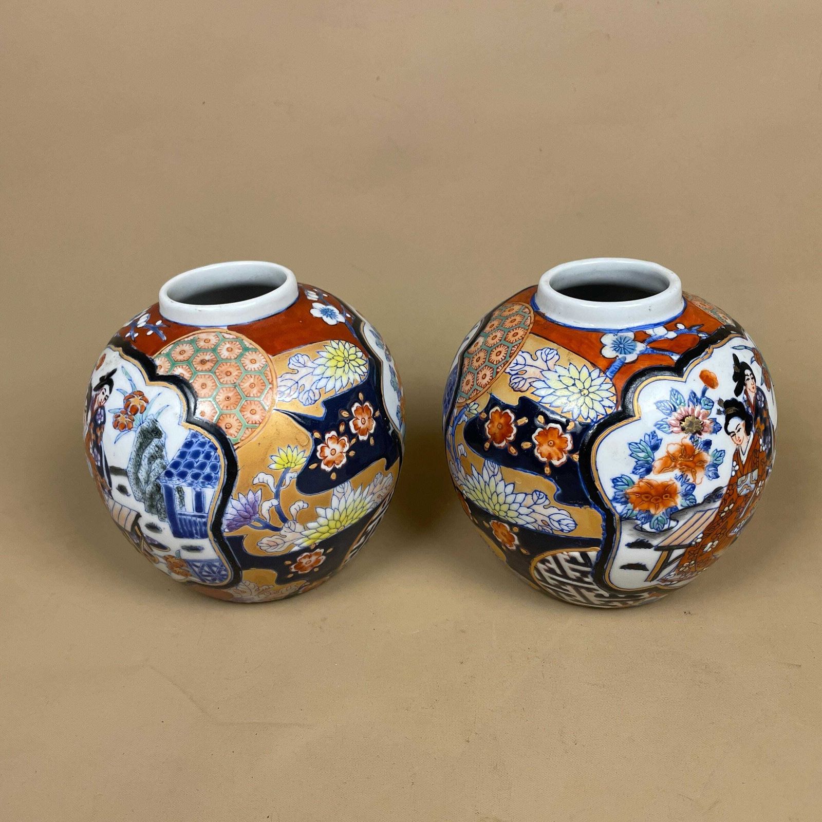 Pair Of Oriental Decorative Vases Ceramic Blue White Round Circle Pots Chinese Vintage Display X2 Ginger Jar Hand Painted Asian photo furniture