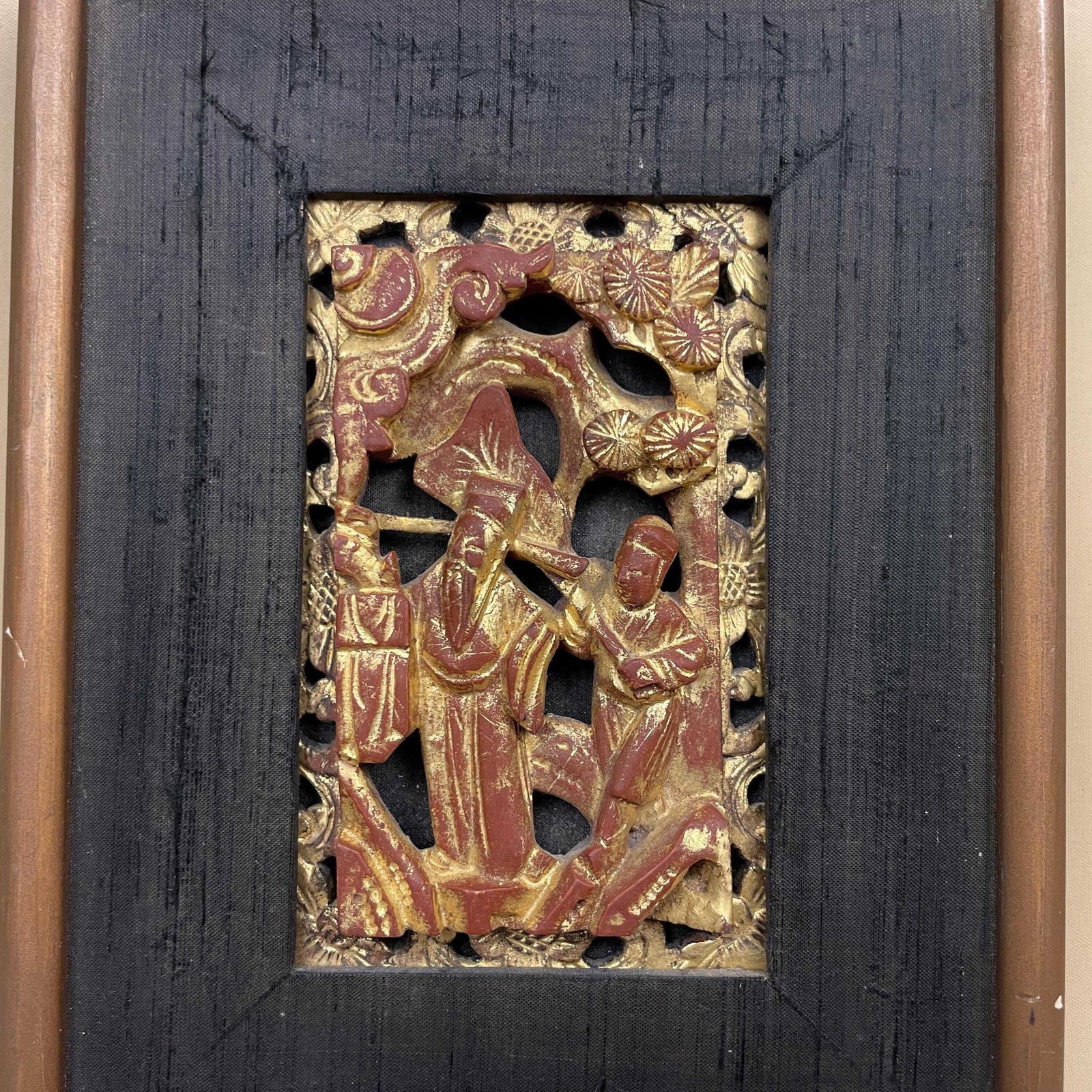 Chinese Gilt Wood Carving Figural Panel Vintage Hong Kong Framed Art Asian Gold Lacquer Carved Scholar Scene Decorative Wall Hanging photo for sale