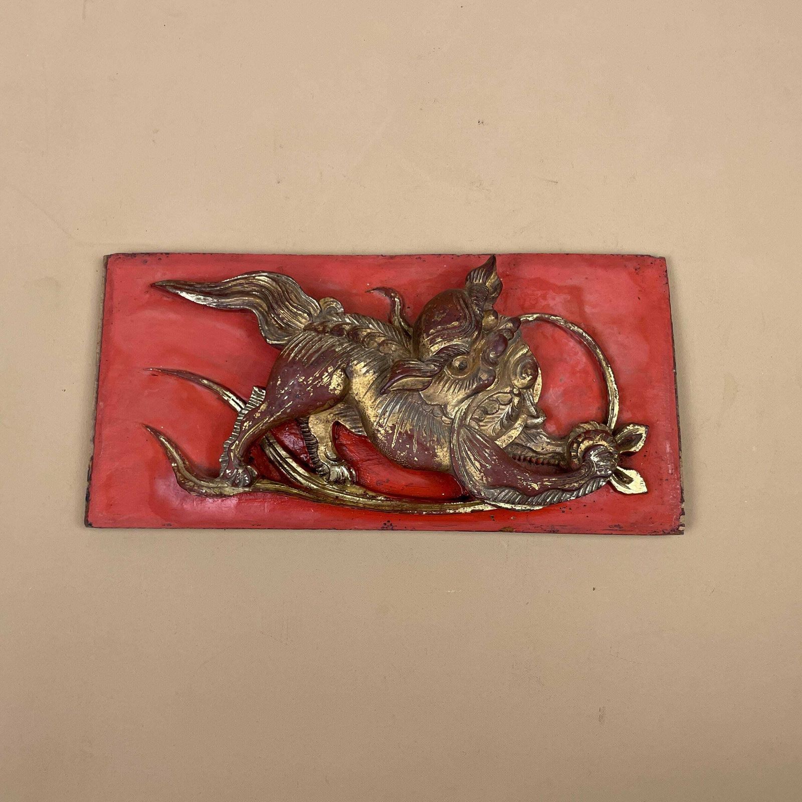 Chinese Gilt Wood Carving Qilin Beast Panel Vintage Red Lacquer Art Gold Carved Mythical Creature Asian Wall Decor Architectural Fragment photo for sale