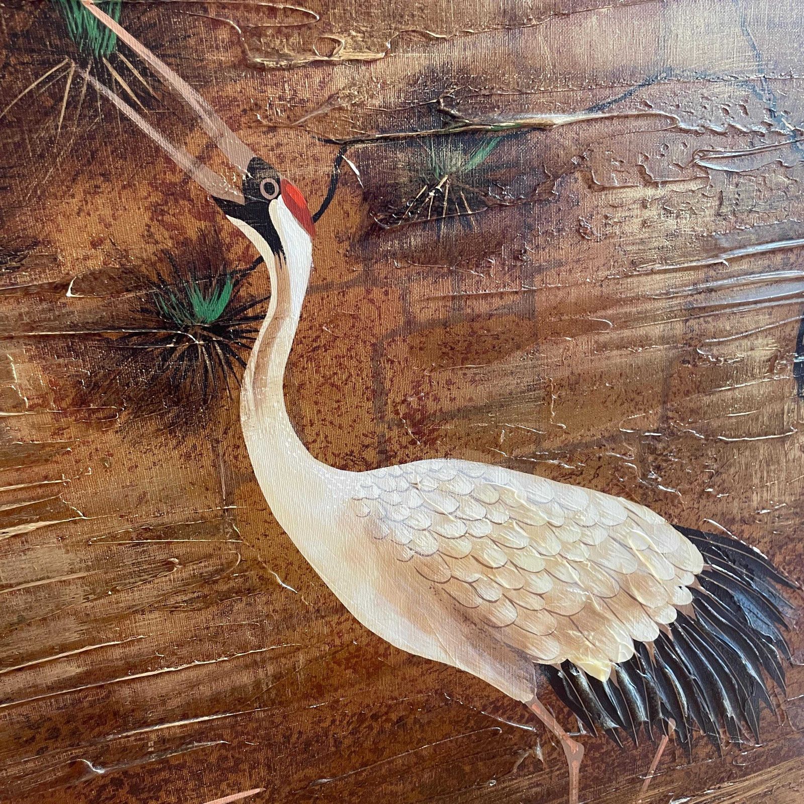 Large Cranes On The River Painting Canvas Art Signed B Joseph Asian Style Birds Bamboo Textured Mixed Media Artwork Picture 161x130cm photo for sale