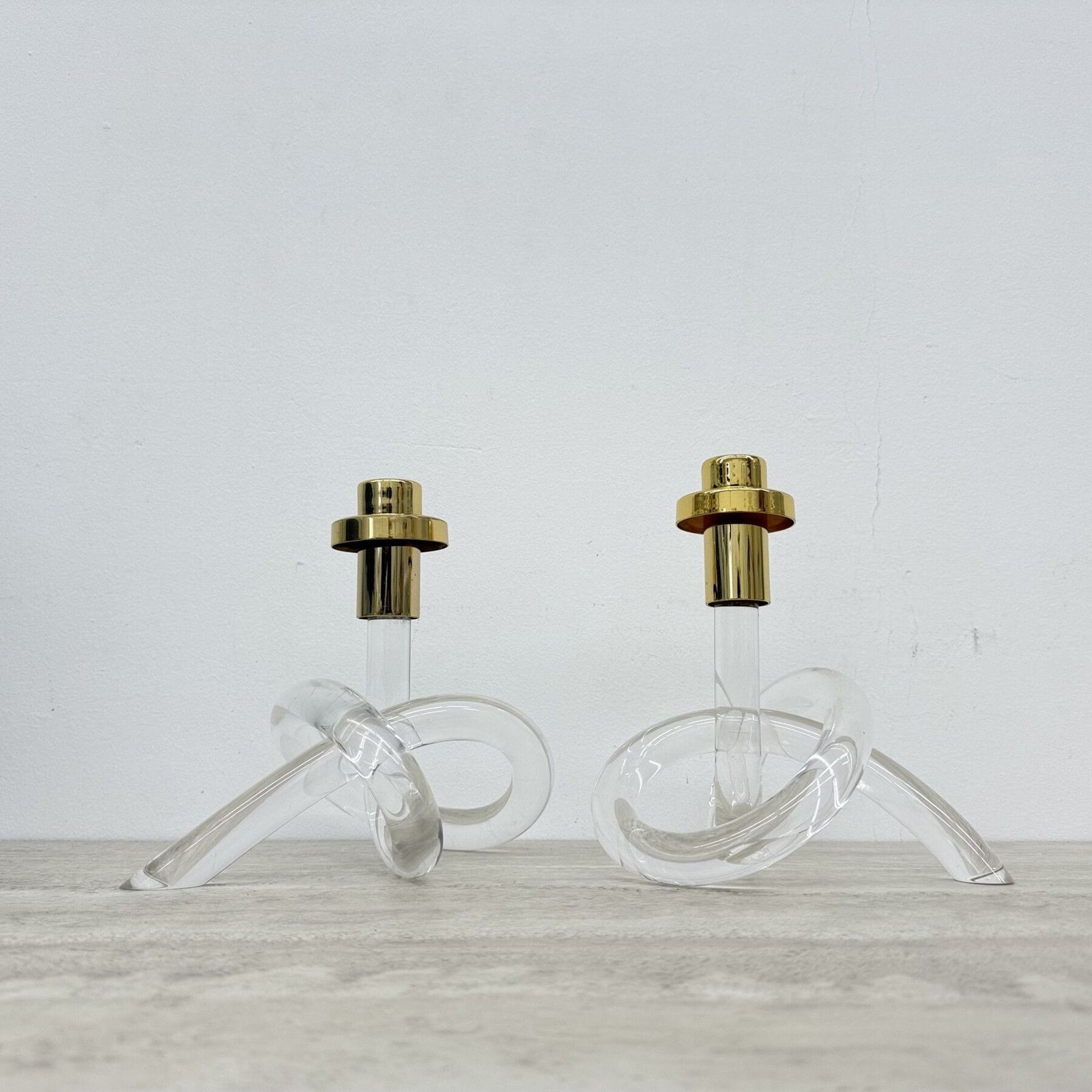 Pair Of Dorothy Thorpe Pretzel Mid Century Lucite Candle Stick, 1940’s photo vinterior