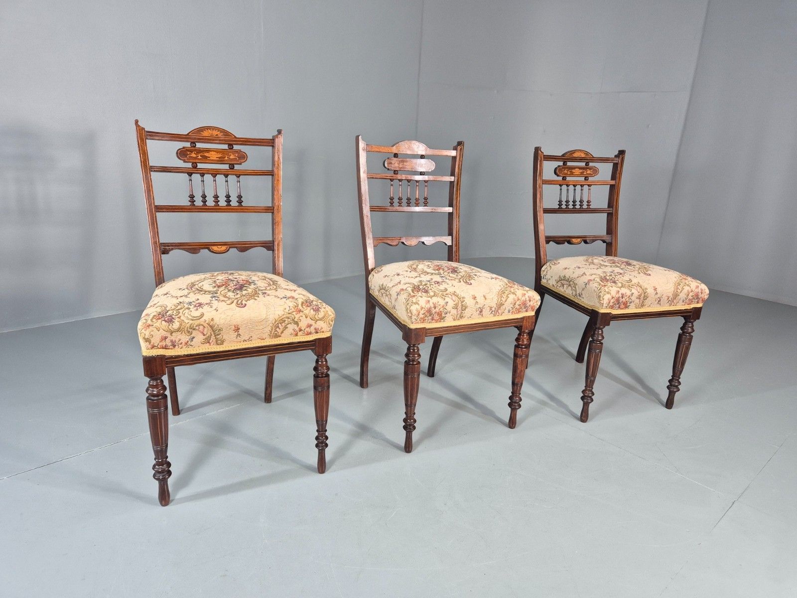 3 Antique Saloon Chairs Rosewood Frame Floral Seats Inlay Victorian Eb10990 Vdin photo furniture