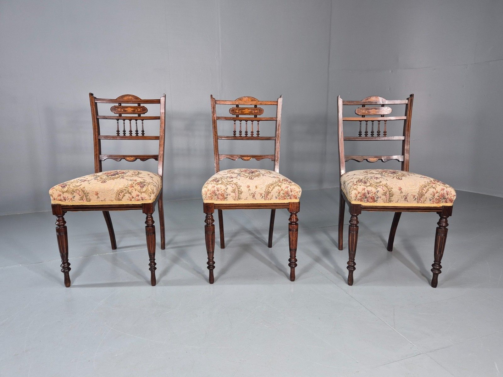 3 Antique Saloon Chairs Rosewood Frame Floral Seats Inlay Victorian Eb10990 Vdin photo for sale