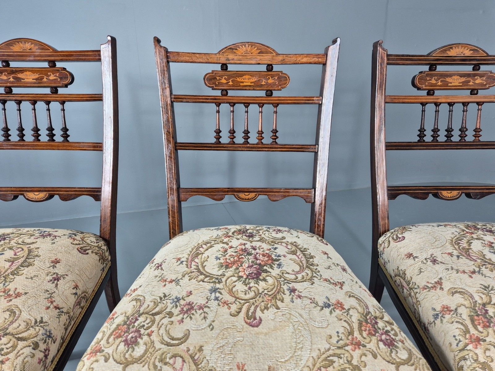 3 Antique Saloon Chairs Rosewood Frame Floral Seats Inlay Victorian Eb10990 Vdin photo 225.0