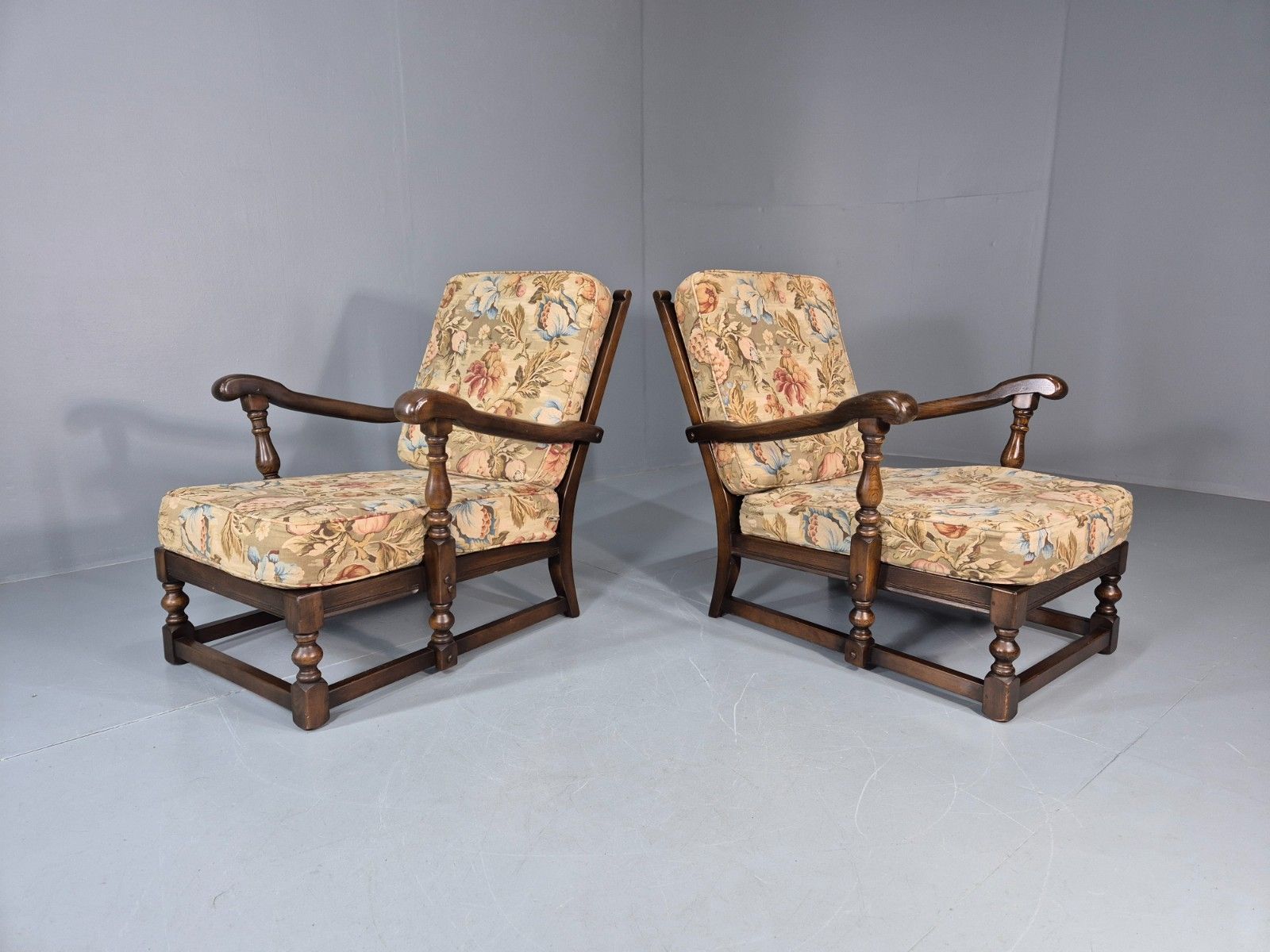2 Ercol Cloister Lounge Chairs Dark Elm Frame Floral Upholstery 70s Eb10987 Vcar photo furniture